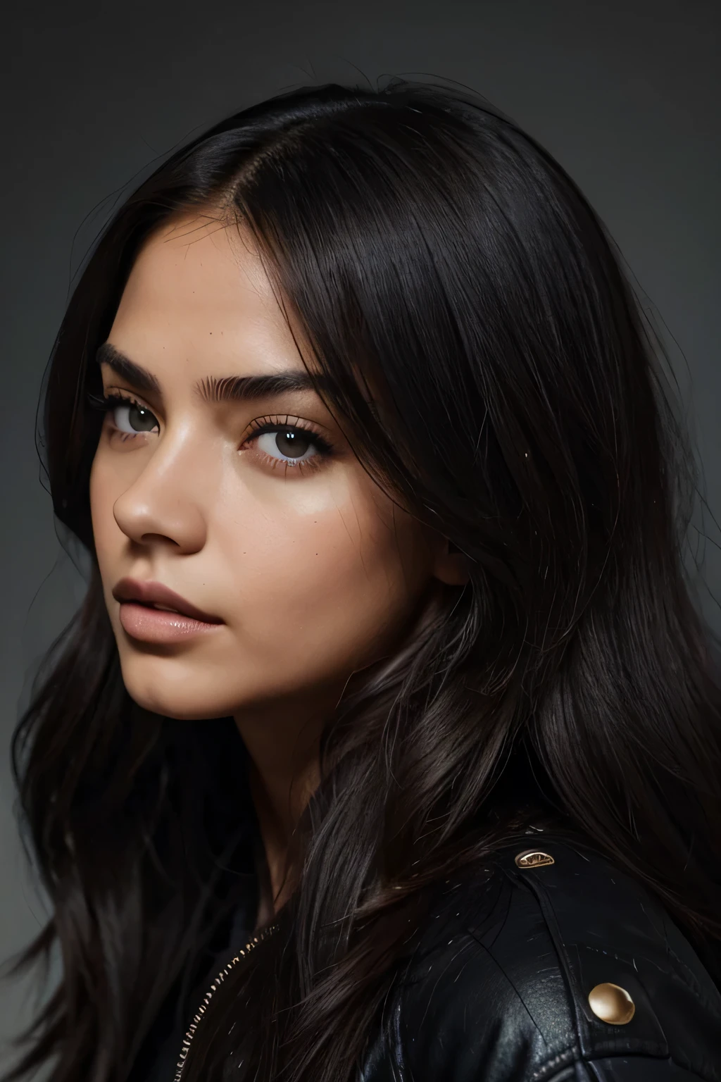 Mujer arafed con cabello largo y negro y ojos azules brillantes posando para una foto., (tiro claro de la cabeza) una imagen de Seb McKinnon, tumblr, realismo, Adriana Lima, Retrato de Sophie Mudd, maquillaje ligero cabello ondulado, bella poarch, modelo secreto de victoria, modelo de instagram, cara como ester exposito, pelo negro largo ondulado, pelo largo y negro ondulado, cara perfecta, piel gorda, frizz en el cabello, labios texturizados