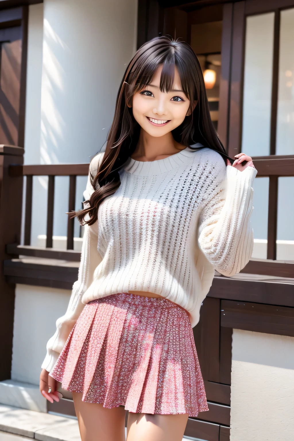 idol costume、Mini skirt with plenty of panniers, Straight Long Hairstyles, bangs, lips、out makeup、short eyelashes、looking at the viewer、lazy smile、realistic、High resolution、debris flies, highest quality, 8K, Beautiful woman、In detail