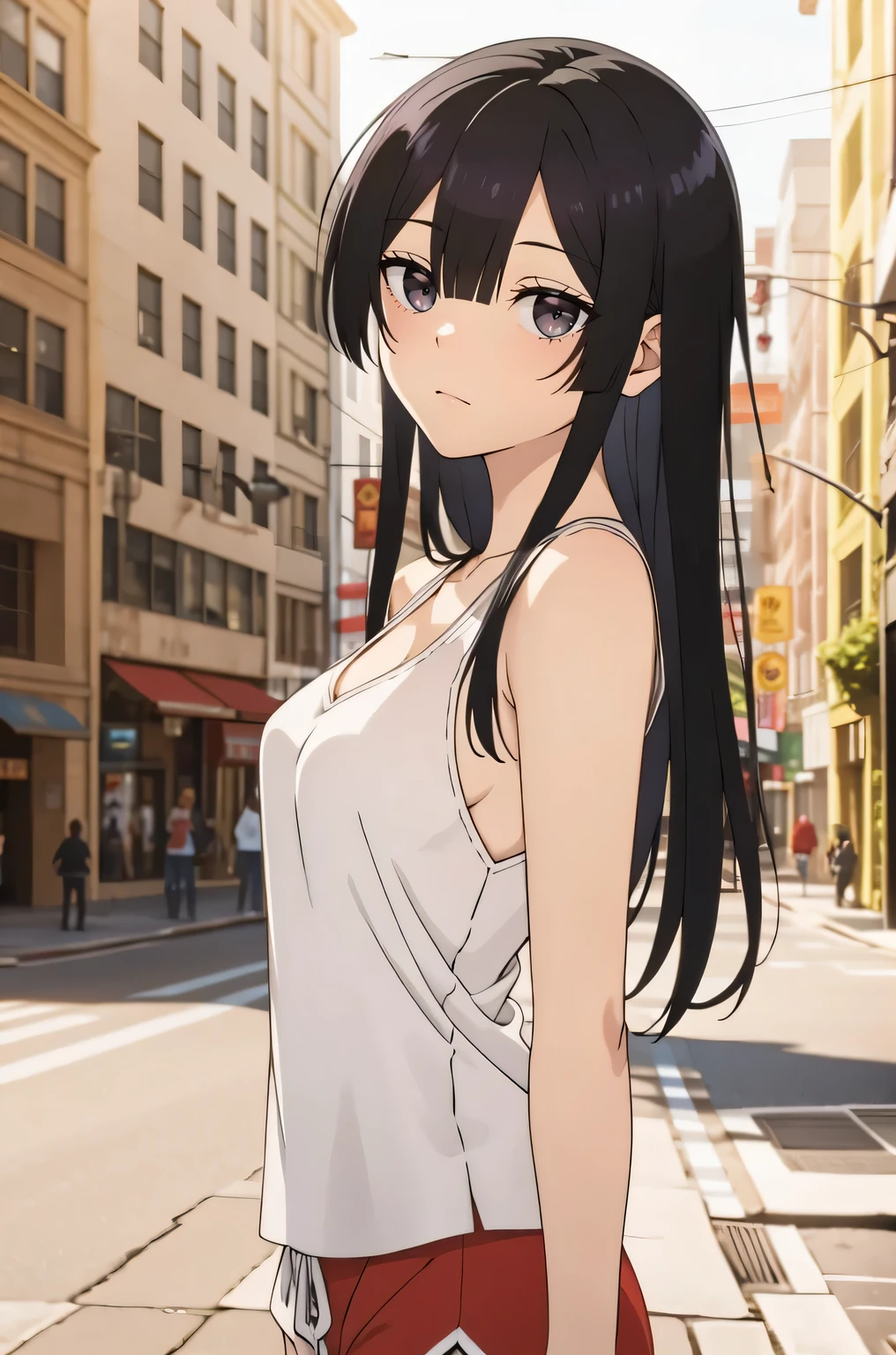 black hair,((black eyes)),((masterpiece:1.2)), best quality, pretty face, large_breasts, black tank top, red jogging shorts, cowboy shot, looking_at_viewer, light smile, closed_mouth, city street background, anime screencap
