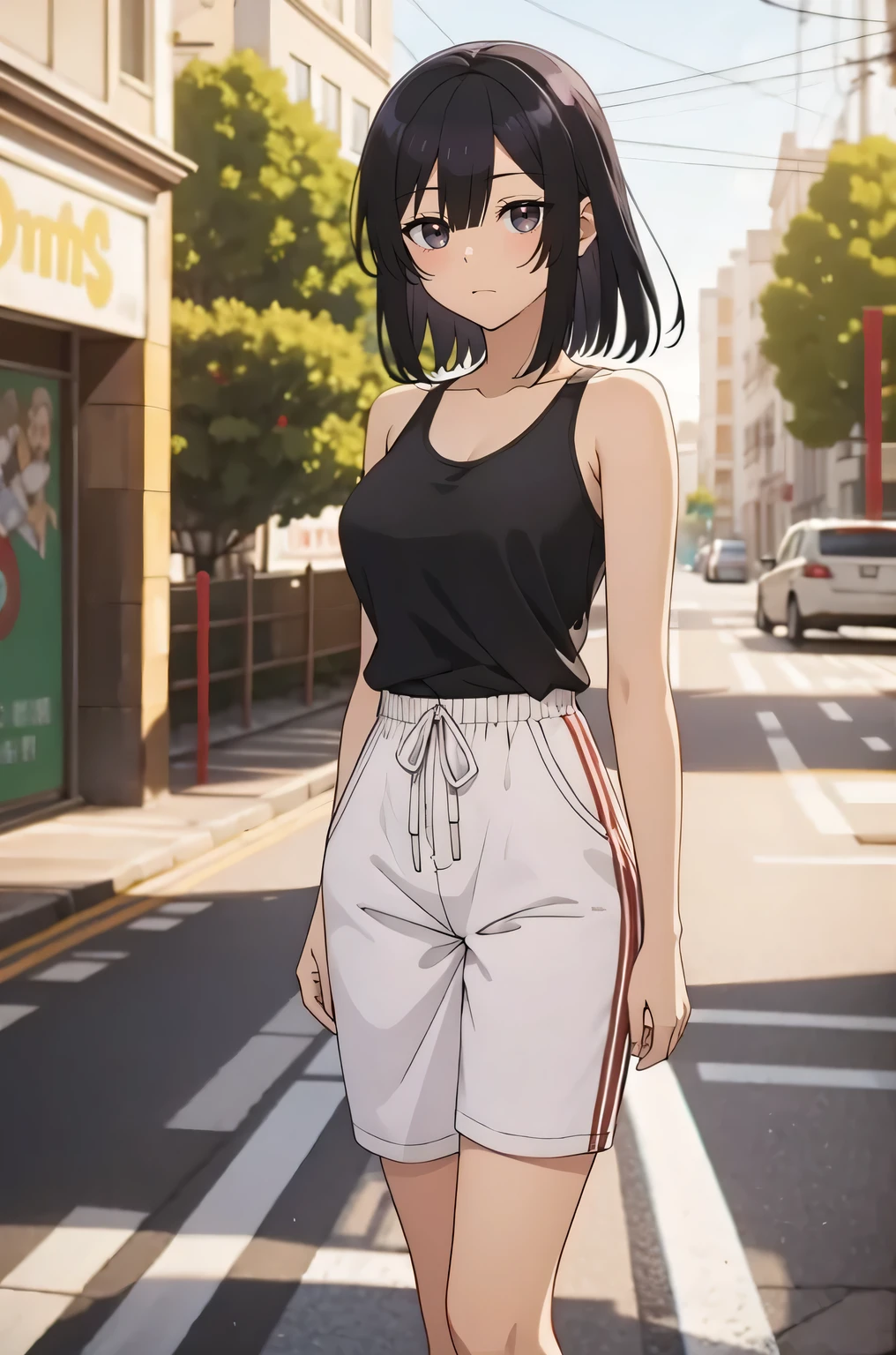 black hair,((black eyes)),((masterpiece:1.2)), best quality, pretty face, large_breasts, black tank top, red jogging shorts, cowboy shot, looking_at_viewer, light smile, closed_mouth, city street background, anime screencap
