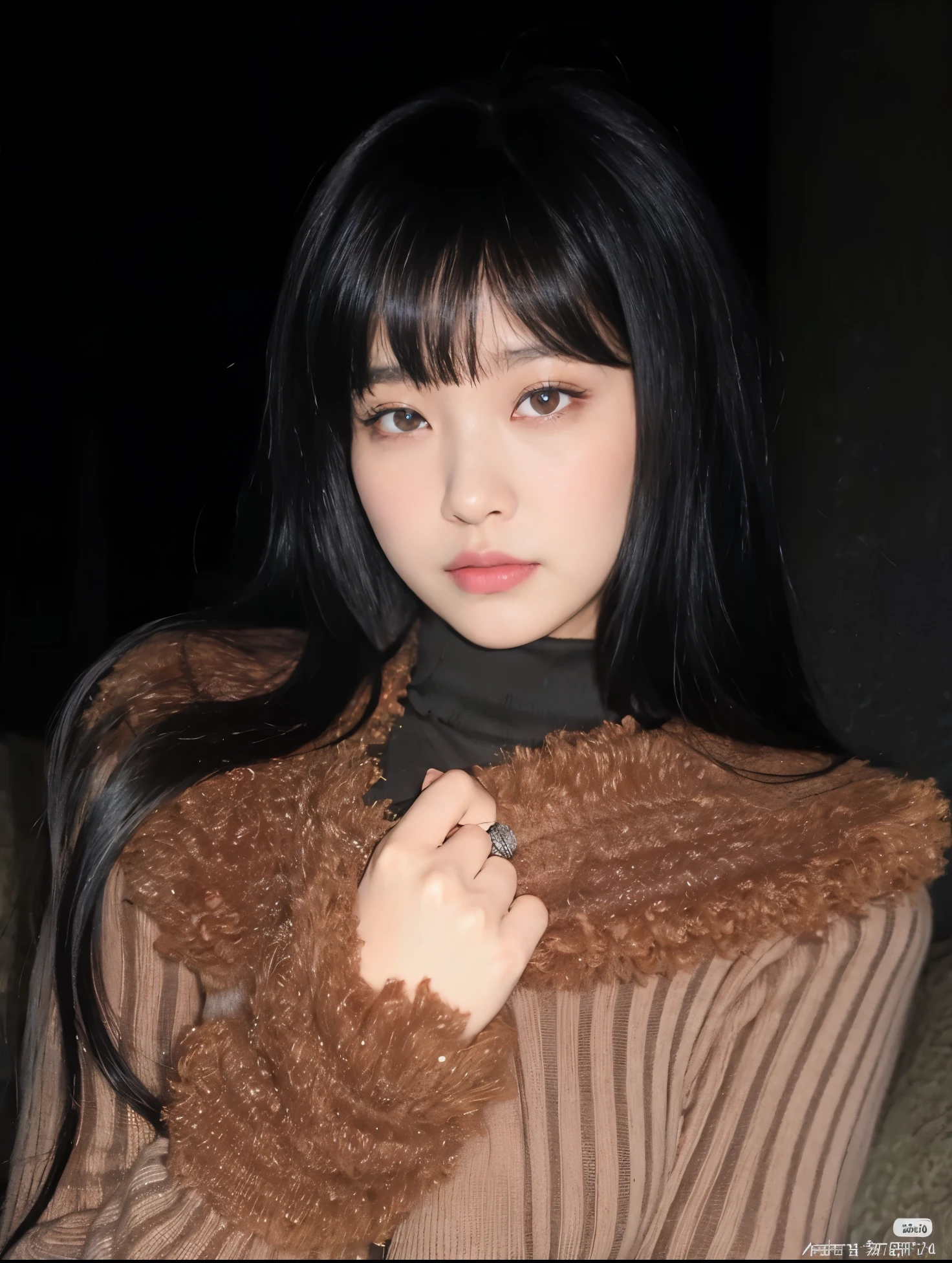 curvy Asian woman with long black hair, wearing a brown sweater, cruel korean goth girl, Ulzzang, ela tem cabelo preto com franja, o corte Hime, corte de cabelo preto hime, IU Lee Ji-eun as a supervillain, garota de anime na vida real, Retrato de Jossi do Blackpink, It's Junji's style, shikami