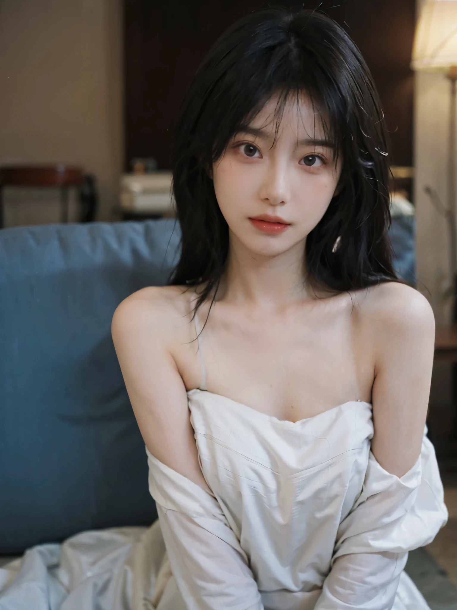 Film portrait photography, 1 girl, bare shoulders, Shoulder length wavy hair, white wedding dress, (Realistic and detailed eyes, natural skin texture, Realistic facial details), Soft dramatic lighting, depth of field, Bokeh, Vibrant details, Detailed and detailed, surreal, 35mm film, hazy, ,