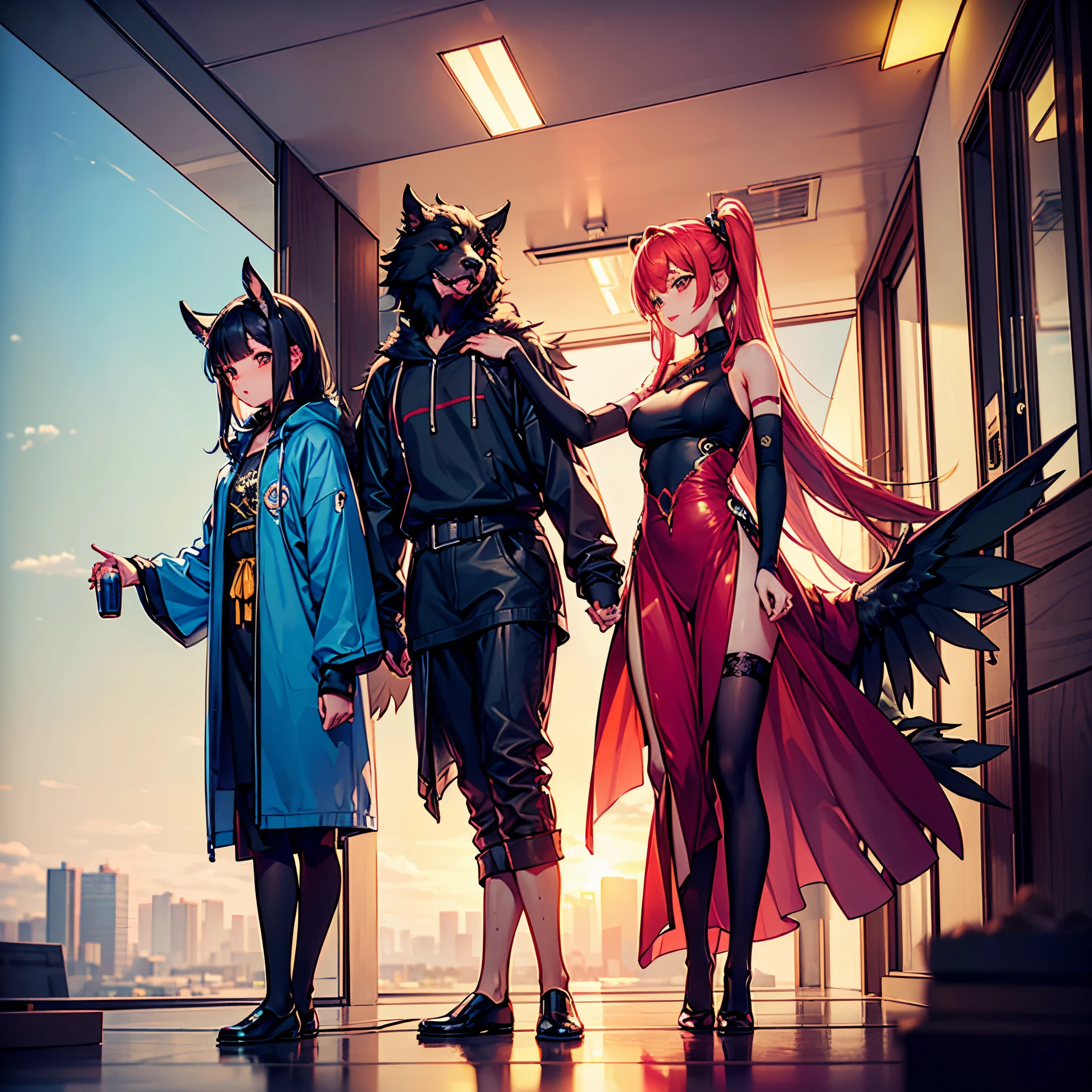 Sexy woman open body muscular four breasts big red eyes cat ear metal arm metal boots red metal panties neon angel wings