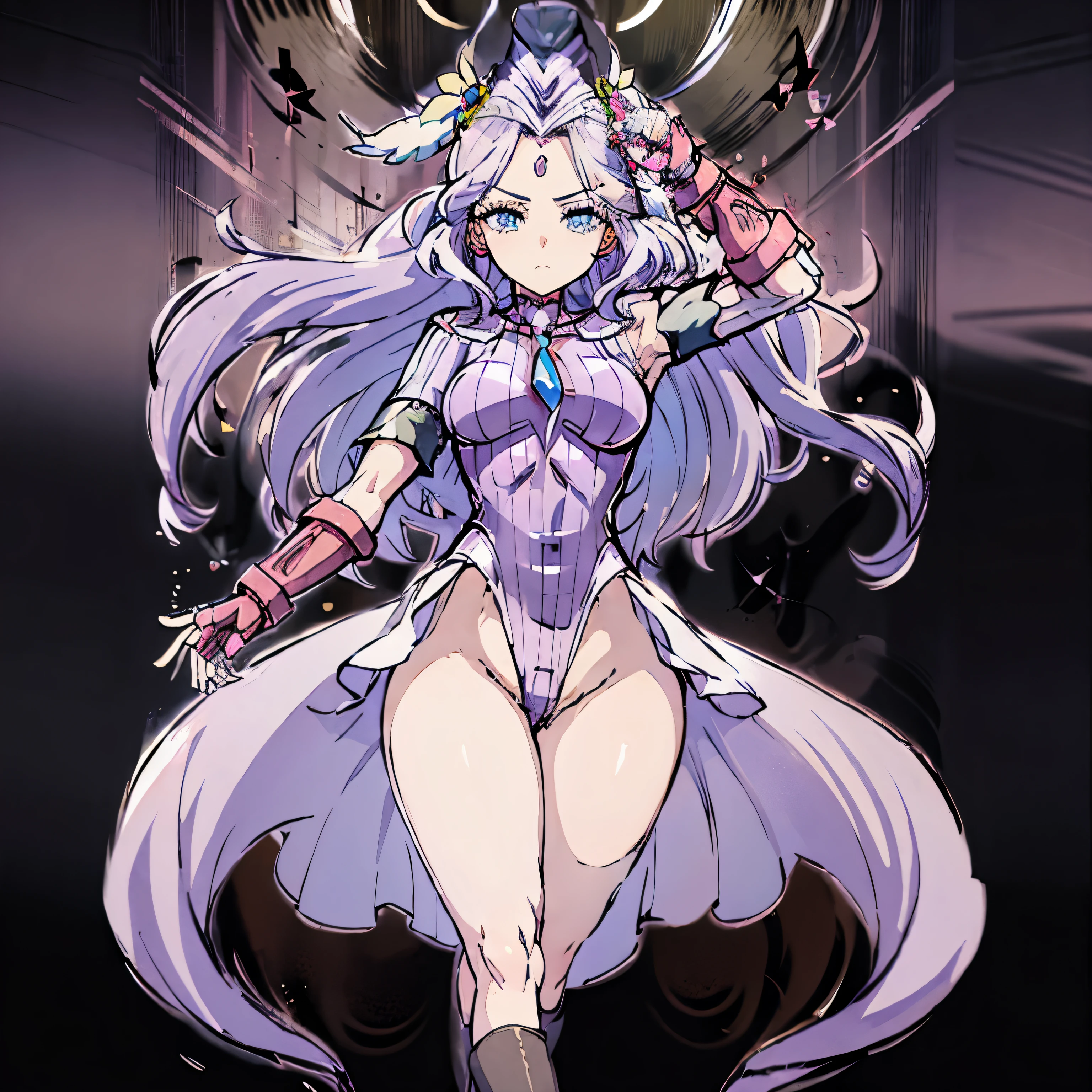 super detailed, explicit, beautiful body, beautiful nose, beautiful character design, perfect eyes, perfect face, ultra high resolution, 4K, beautiful feet, perfect legs, nice hands, perfect hands, masterpiece, highest quality, very detailed, figure, disorganized, perfect anatomy, Street Fighter, doll suit, Shadaloo doll, doll suit, Expressionless, empty eyes, looking at the viewer, red gloves, emotionless, black latex, corruption, Mind control, female combatant, whole body, hypnotismにかかった, unhappy trance, whole body suit, ribbed bodysuit, arms to the sides, obey, perfect female body, extremely glossy latex, hypnotism, hypnorolla, empty eyes, Mind control装置, Pauses, obedient_Pause, slave, stand up straight, Are standing, Are standing at attention, have, tie, belt, latex, ribbed bodysuit, Thighhighs, garter belt, combat readiness, Extend your right arm from your shoulder and reach up into the air., army, thigh boots, 1 girl, hair ornaments, purple hair, very long hair, blue eyes, Cure the Earth, Healing Good Precure, From the back, view From the back, teeth