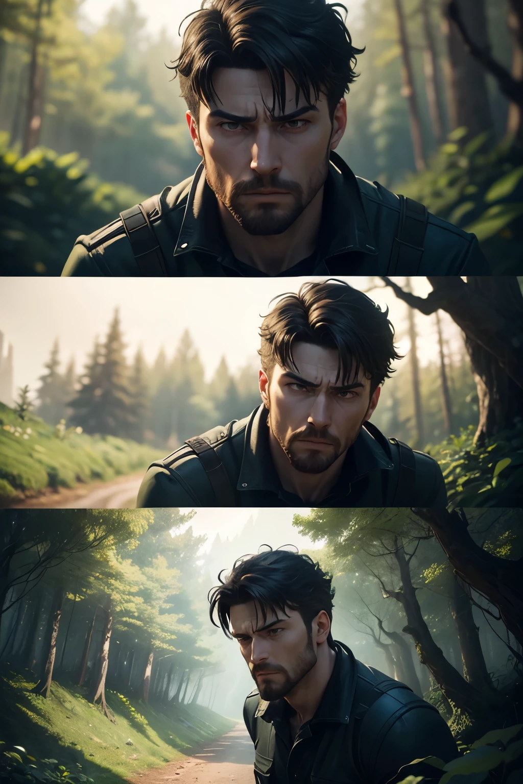 create A animation image depicting A composite image showing the progression of events as you confront Ben in the bushes, including your initial shock and his attempted escape. rendered with high-quality precision. The image's impeccable composition and realism will leave viewers captivated and trembling with terror.