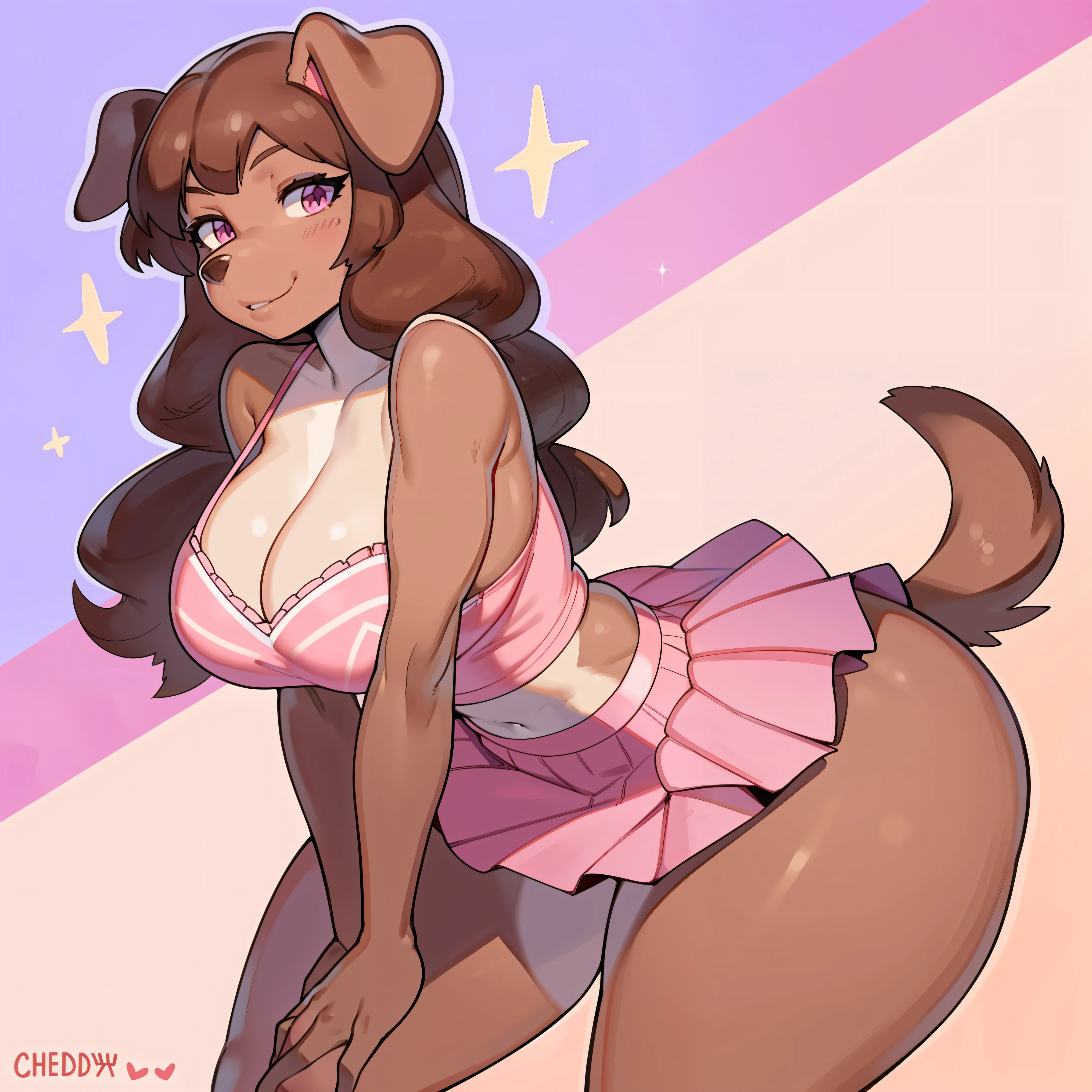 by buta99, by chelodoy, by spikedmauler, by cervina7, solo, female, standing, ((hair, snout)), smiling, lips, big ass, eyelashes, eyeliner, big breasts, cleavage, long wavy brown hair, light brown fur, pink clothes, domestic dog, canine, puppy, bimbo,pink eyes, sexy, brown hair, light brown hair, pastel background, jean skirt, kawaii clothes, frilly pink skirt, pink shirt, kawaii shirt, kawaii skirt, skinny, skinny body, cute, sparkles, long wavy hair, strawberry, pink room