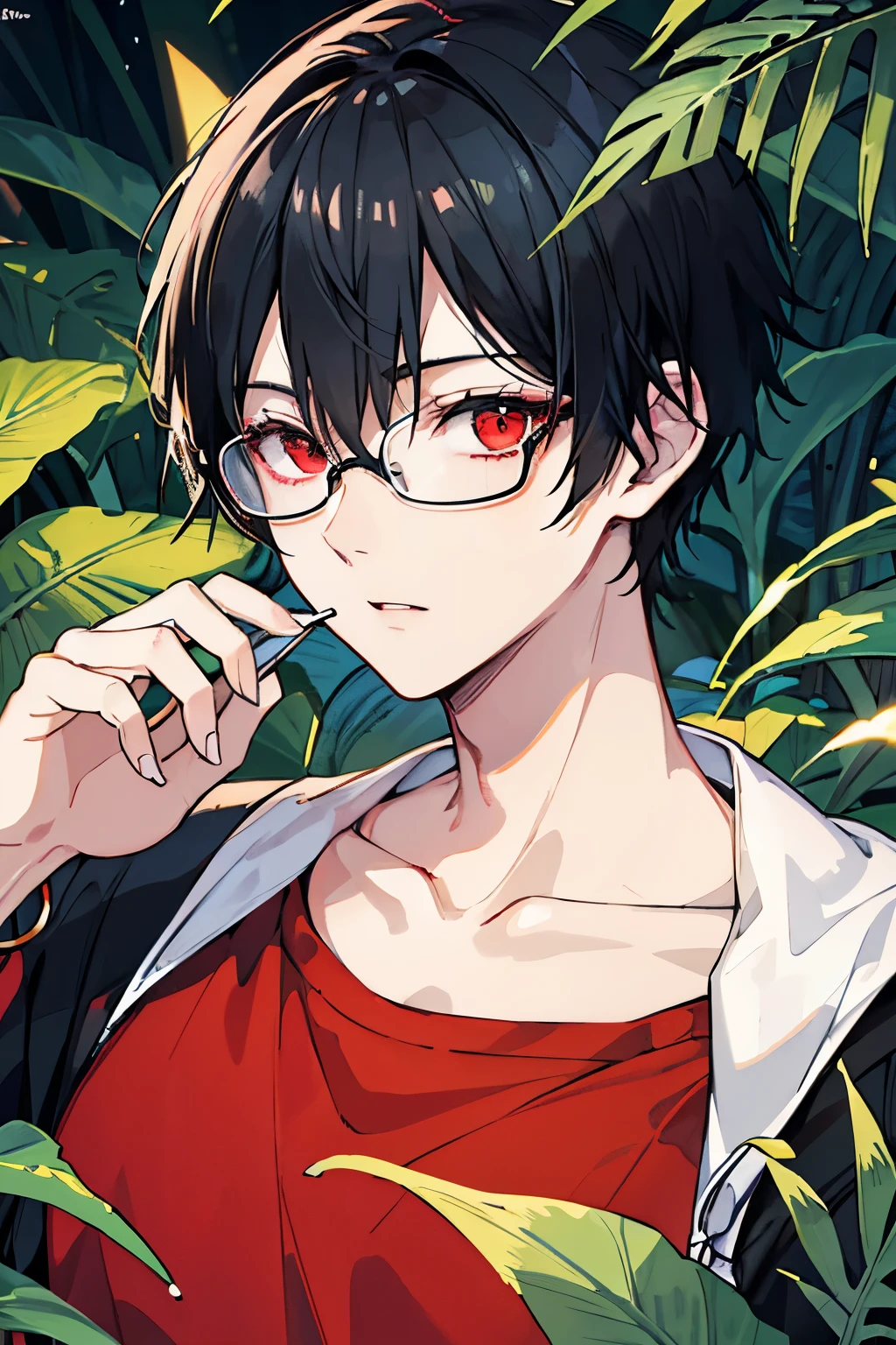 male black hair red eyes very short hair one person tropical rain forest Remains Glasses safari Leopard in the forest masterpiece Highest image quality noise removal clear parts cinematic shadow Increased attractiveness of the eyes clear parts the shine of the eyes Draw eyelashes neatly perfect eyes detailed eyes Sharpen image quality Sharpen eye writing clear parts eye shape
