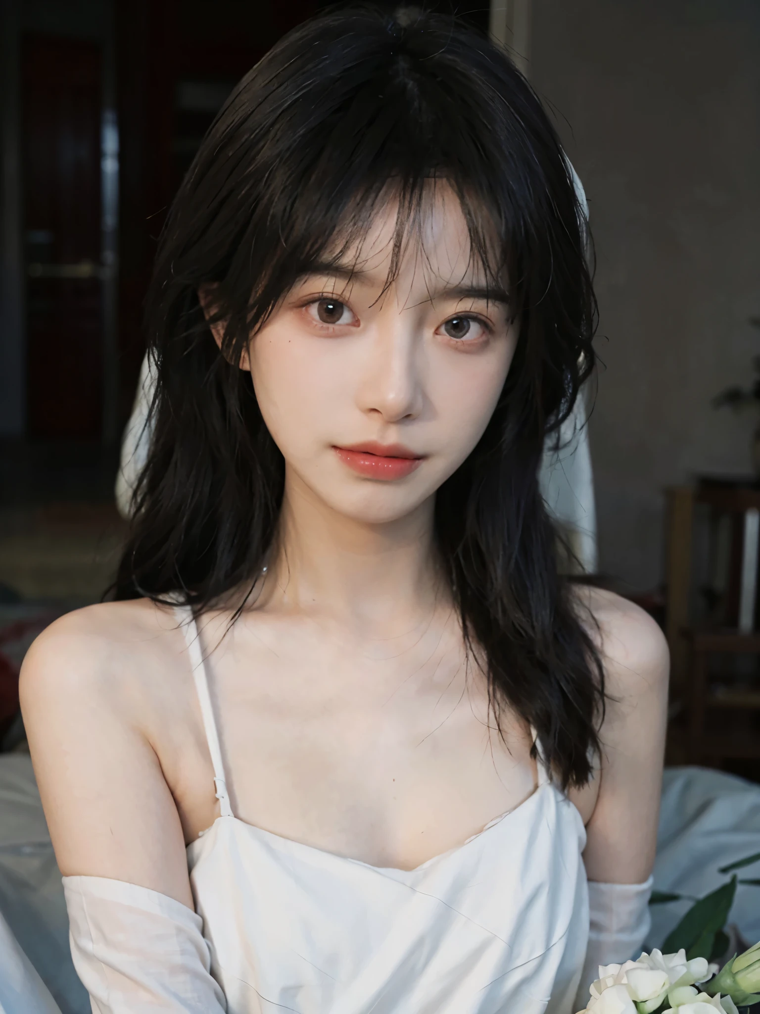 Film portrait photography, 1 girl, bare shoulders, Shoulder length wavy hair, white wedding dress, (Realistic and detailed eyes, natural skin texture, Realistic facial details), Soft dramatic lighting, depth of field, Bokeh, Vibrant details, Detailed and detailed, surreal, 35mm film, hazy, ,