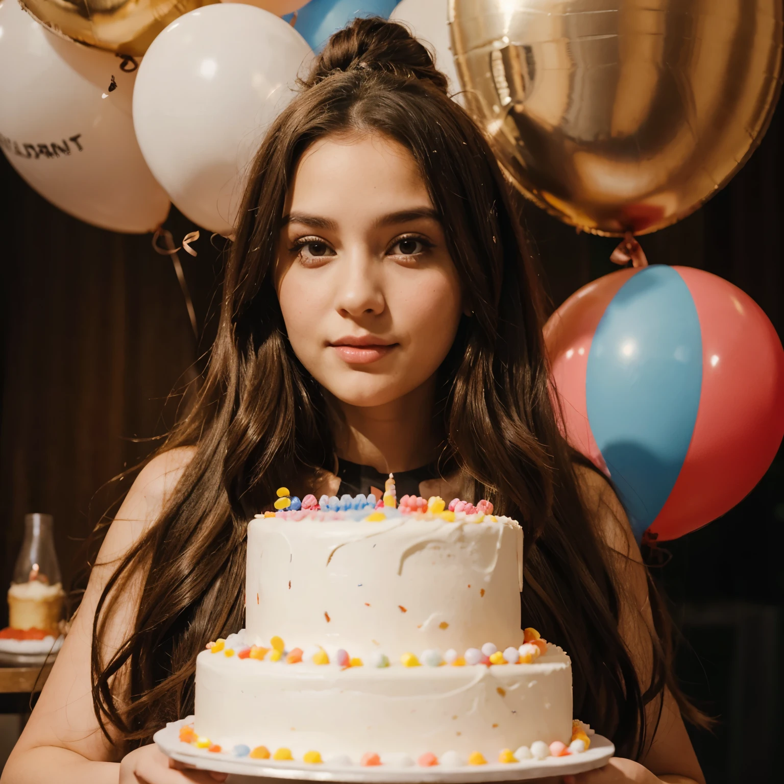 a plump girl with long hair in an evening dress, celebrating a birthday, with balloons and cake in the background.. close-up, high quality