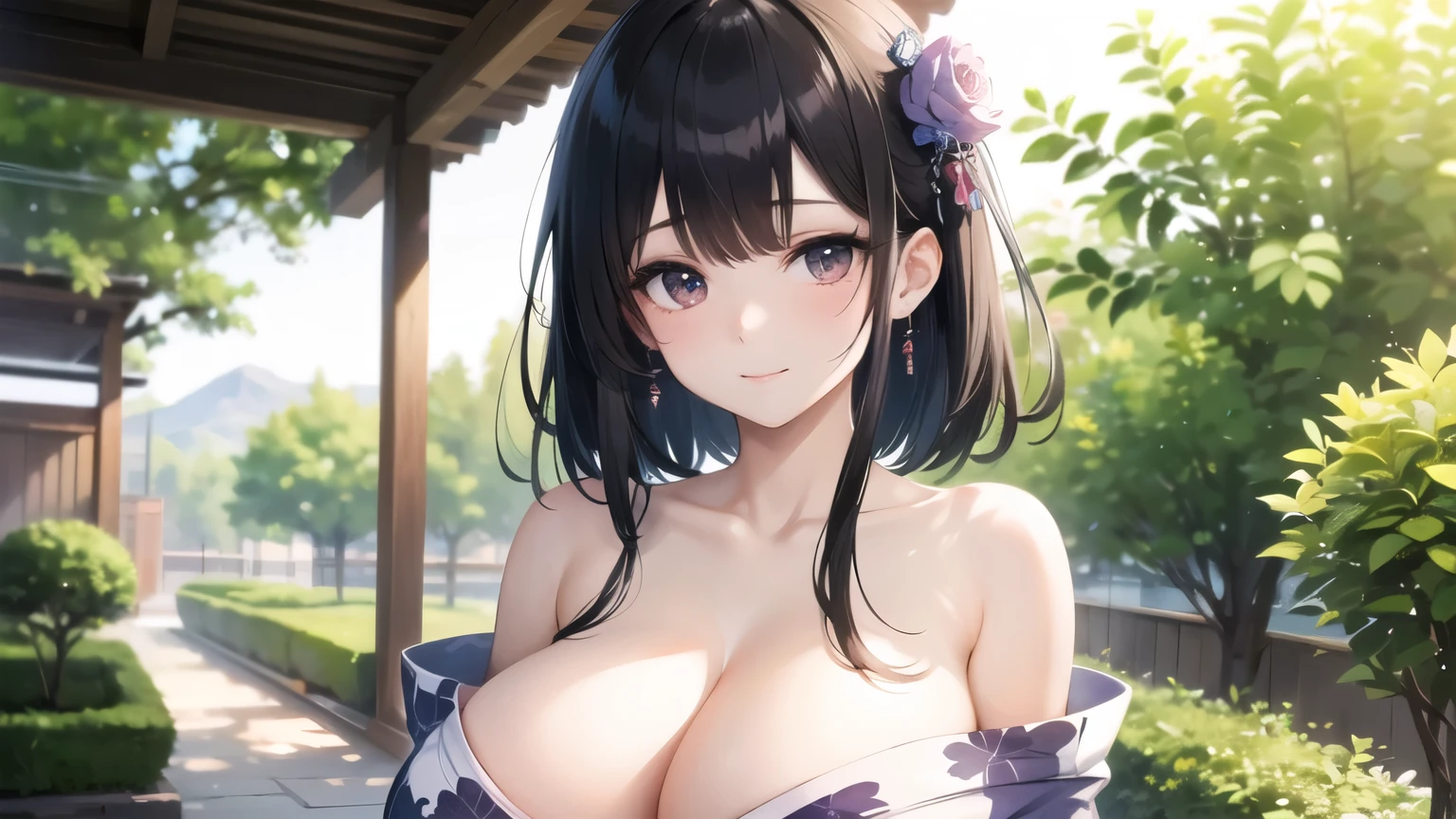 (((masterpiece, best quality))), (((superior quality))), cute girl, ((extremely detailed girl)), ((huge breasts)), (yukata), (bare shoulders), strapless top, slight smile