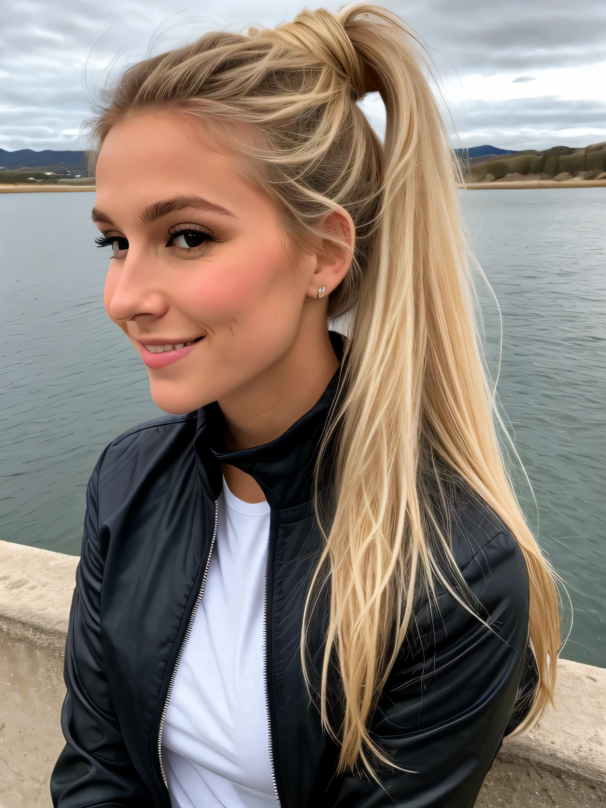 une femme souriante blonde de 23 ans fais un selfie en extérieur en contre plongée, fond de ciel, temps un peu nuageux ombres douces, photoréalisme, Cheveux blonds avec des racines châtain clair, cheveux blond, Cheveux avec des racines brunes, cheveux en queue de cheval , cheveux attachés derrière la tête formant une queue de cheval, yeux bleus, belle femme, vue de face, très gros plan sur le visage, zoom sur le visage, un blouson d'hiver noir, haute qualité, selfie