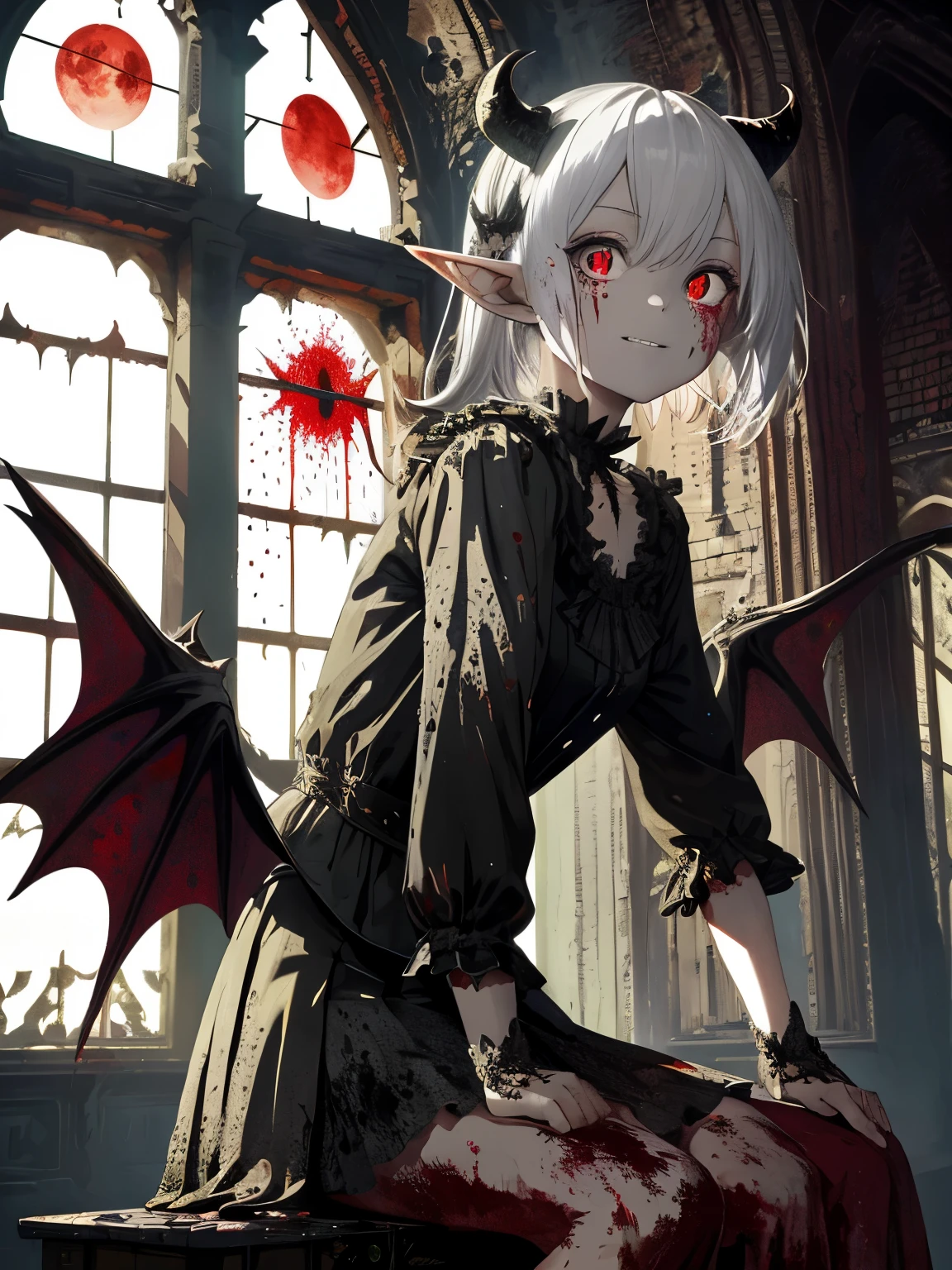 Very detailed wallpaper, Super detailed details, Detailed shadows, Very precise and detailed, Extremely detailed 8K wallpapers, Very beautiful 8KCG wallpaper,an old abandoned church. a boy sits down. His clothes were tattered，There are stains in many places. His short white hair is dull and messy. Light enters through the cracked stained glass windows.There are demon horns on the head.There are bat wings on the back.fangs,(best lighting, extremely delicate and beautiful),(best lighting, extremely delicate and beautiful), (Beautiful and delicate face), (Detailed eyes and detailed face:1.2), dark fantasy,  alone, crazy smile, white hair, dynamic angle, vampire), (gaint vampire castle in background),  (red moon, Red sky), Pointy_ear, fangs, Demon Wings, There is blood on the face, Rain of blood, blood mist, (depth of field), high contrast, (blood spatter:1.4), cowboy shooting, whole body,Little bear doll，Normal skin color，Elf ears.