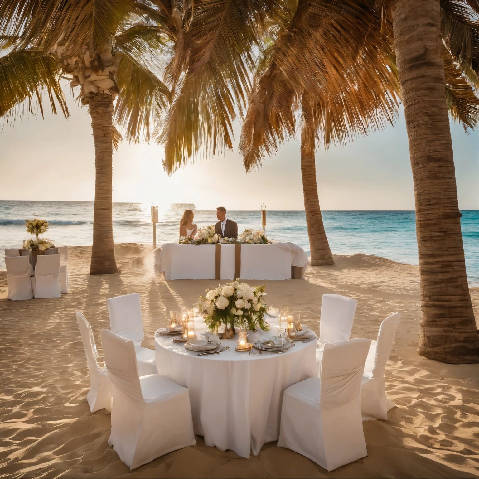 Imagine a stunning seaside setting, em Punta Cana, on Bávaro beach, no Paradisus Palma Real. A lua cheia ilumina suavemente a cena, while large palm trees sway to the rhythm of the sea breeze. A luxuriously arranged table is positioned on the sand, sob uma pequena tenda de bambu, adorned with mini lamps that sparkle like water drops. A couple is dressed in white, sitting on table, sharing an intimate and romantic moment. The man kneels at the woman's feet, segurando uma pequena caixa. He opens the box to reveal a beautiful ring., enquanto declara seu amor e faz o pedido de casamento. Capture the emotion, the beauty and romance of this unique moment by the sea."