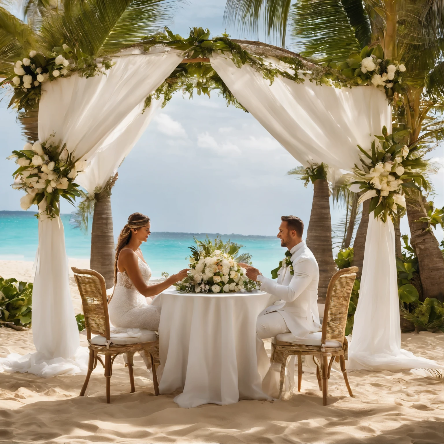 Imagine a stunning seaside setting, em Punta Cana, on Bávaro beach, no Paradisus Palma Real. A lua cheia ilumina suavemente a cena, while large palm trees sway to the rhythm of the sea breeze. A luxuriously arranged table is positioned on the sand, sob uma pequena tenda de bambu, adorned with mini lamps that sparkle like water drops. A couple is dressed in white, sitting on table, sharing an intimate and romantic moment. The man kneels at the woman&#39;s feet, segurando uma pequena caixa. He opens the box to reveal a beautiful ring., enquanto declara seu amor e faz o pedido de casamento. Capture the emotion, the beauty and romance of this unique moment by the sea."