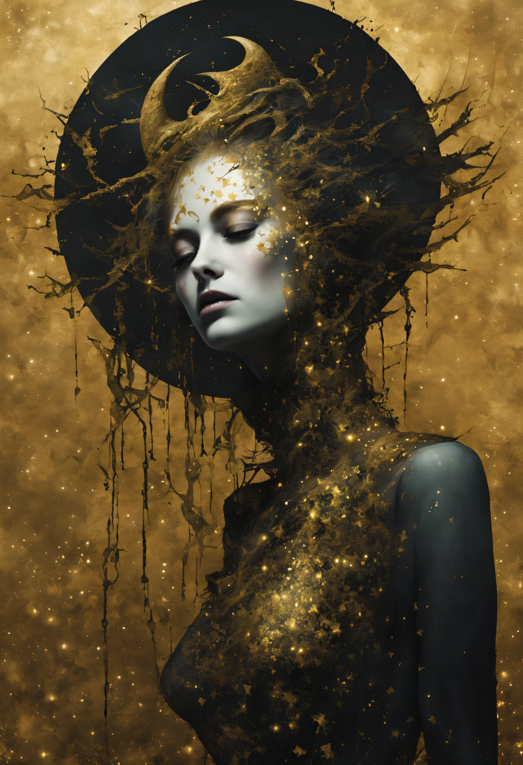 una hechicera de la Luna Negra Lilith, goteando estrellas y brillando, paleta de oro; Estilo Georgia O'Keeffe y Ken Price::1 robot surrealista::1 qualia de una fobia, pintura de Henry Fuseli, Zdzislaw Beksinski mixed dried blood aesthetics inspired by Salvador Dali Mariusz Lewandowski, cubierto de colores y espinas, muerte portada mexicana, Rib cage, pose peculiar, estilo heavymetalgeist de berserk::1