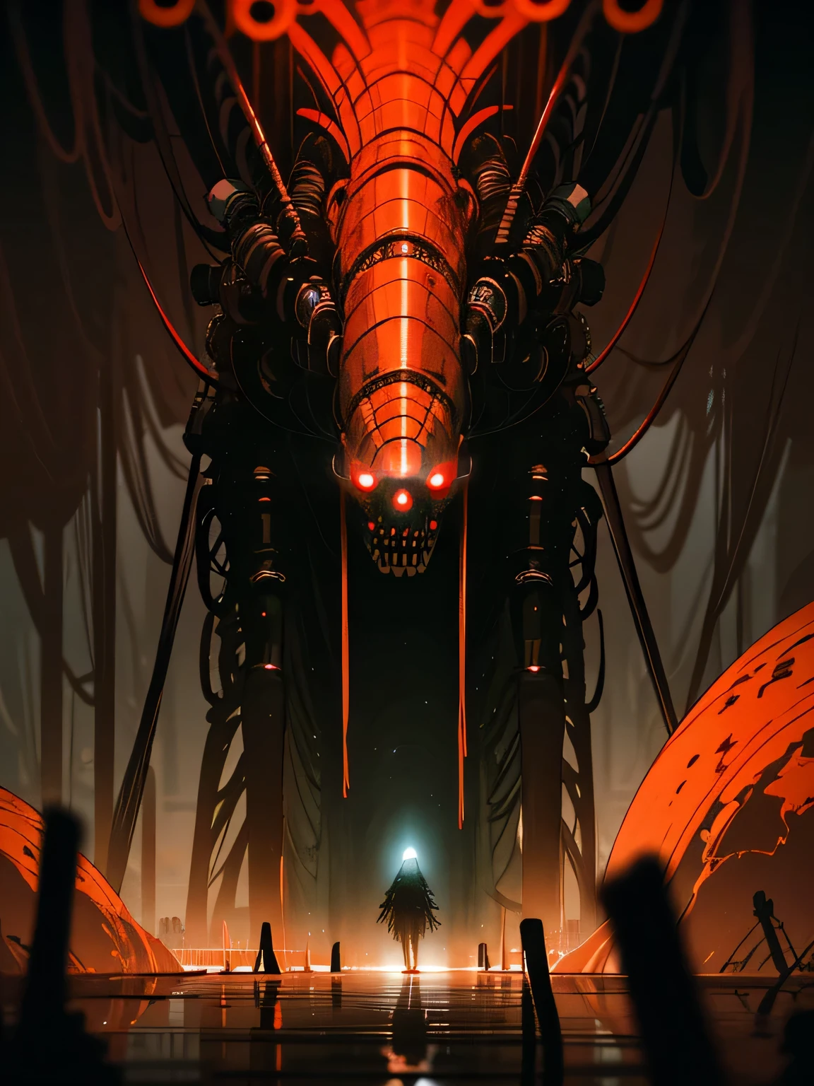 ((dark biopunk)), (deep warm lighting), Biopunk girl, dark Black skin, Black skin, deep Black skin, sparkling eyes, very long smooth hair, wavy organic inserts on the body, many mechanical rings, detailed corridor background, Background Zdzislawa Beksinski, very detailed art, very detailed background