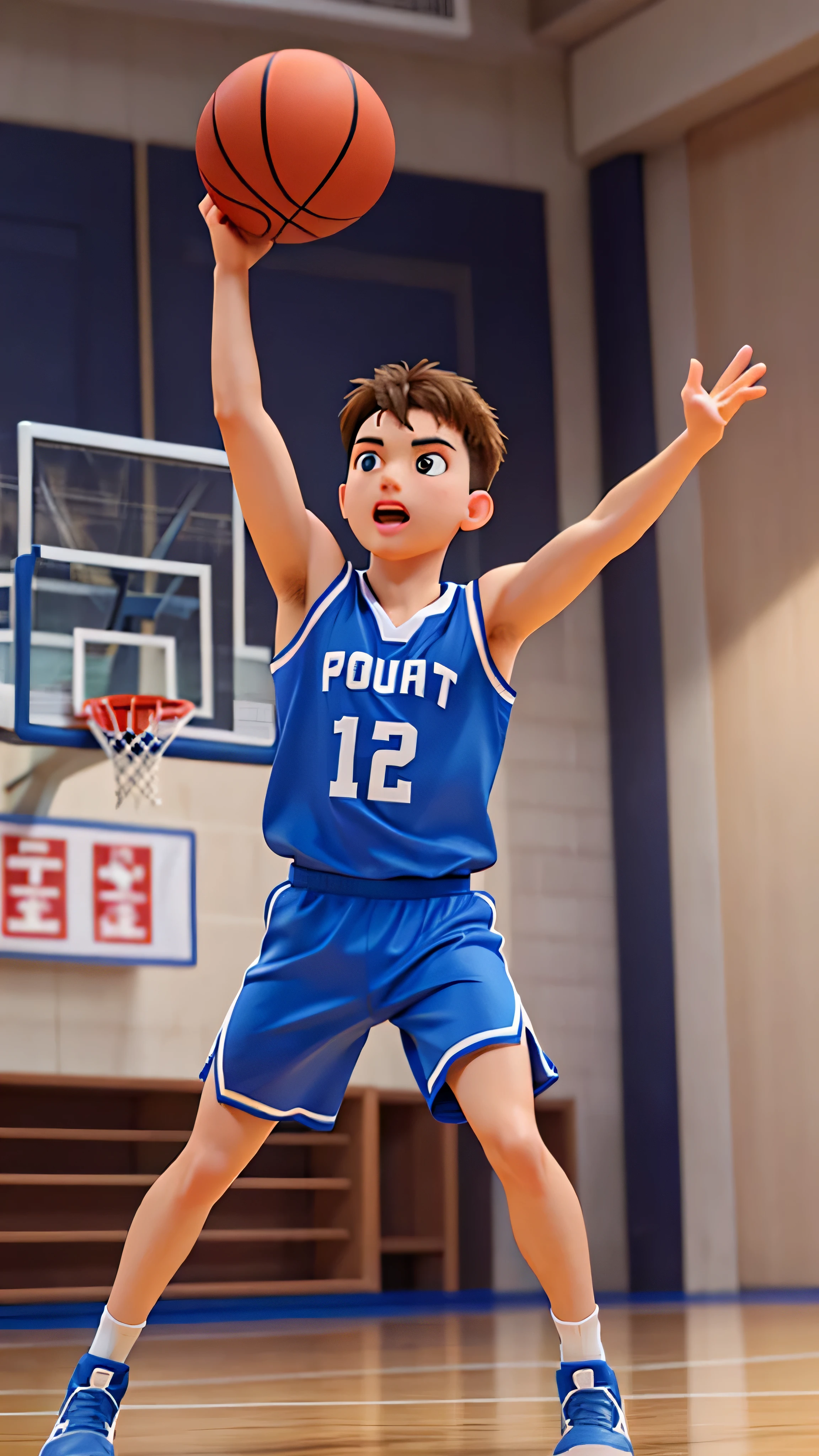 Gerar imagem, alta qualidade, 36K, Ultra-resolution, wide view of the court character: homem, Jovens, wearing blue basketball uniform Action: jogar basquetebol, Tribunal de Rua