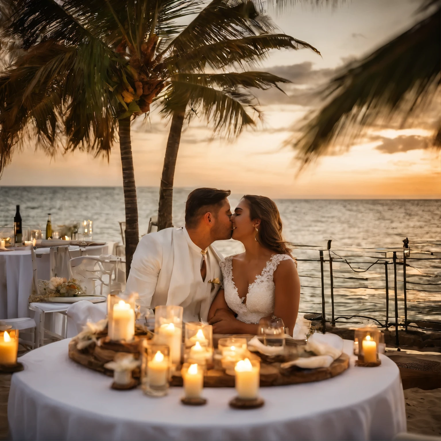 Imagine a stunning seaside setting, em Punta Cana, on Bávaro beach, no Paradisus Palma Real. A lua cheia ilumina suavemente a cena, while large palm trees sway to the rhythm of the sea breeze. A luxuriously arranged table is positioned on the sand, sob uma pequena tenda de bambu, adorned with mini lamps that sparkle like water drops. A couple is dressed in white, sitting on table, sharing an intimate and romantic moment. The man kneels at the woman's feet, segurando uma pequena caixa. He opens the box to reveal a beautiful ring., enquanto declara seu amor e faz o pedido de casamento. Capture the emotion, the beauty and romance of this unique moment by the sea."