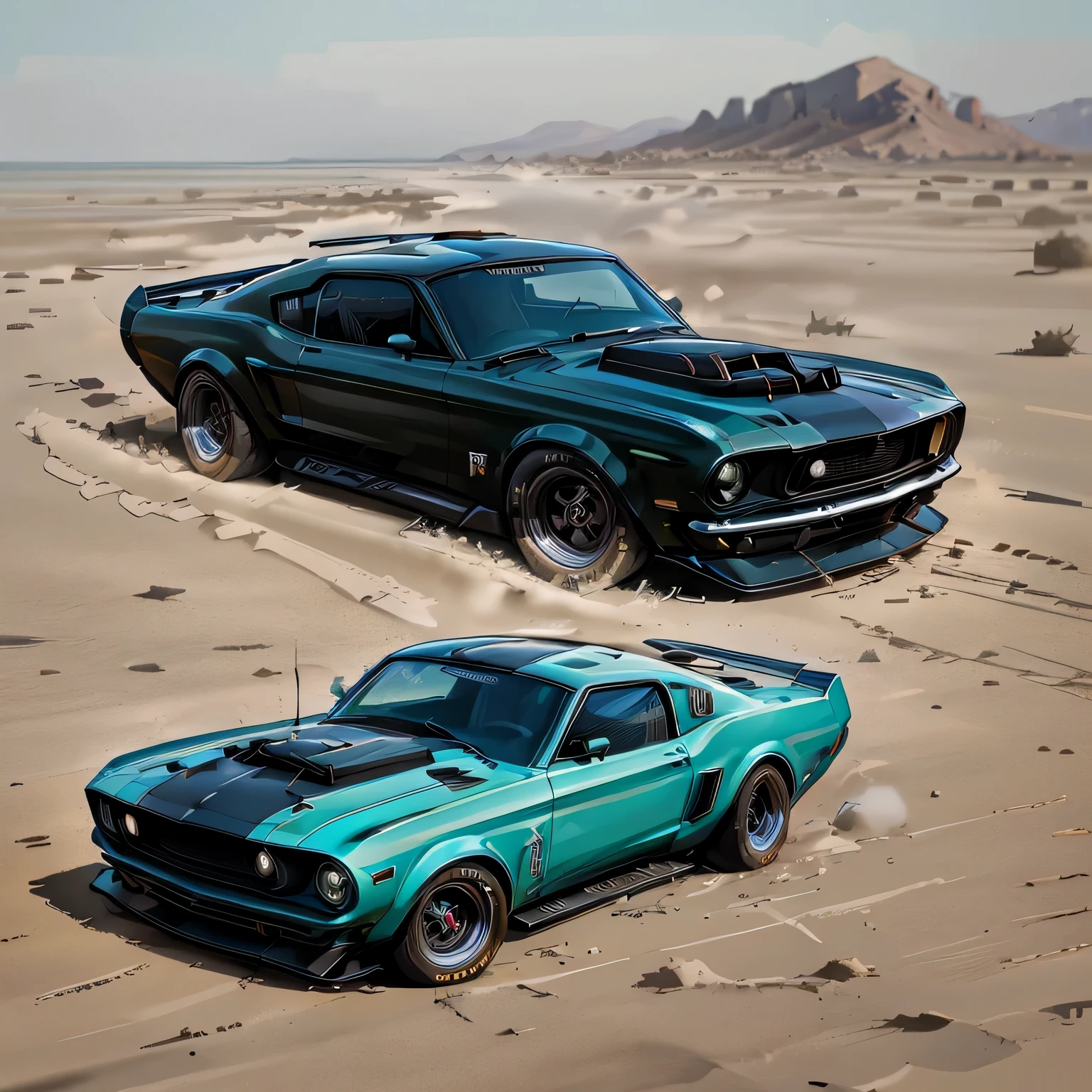 Graphic design, flat design, 1968 Ford Mustang Black Shelby, watercolor splashes, clean highly detailed, photorealistic masterpiece, professional photography, realistic car, abstract watercolor background, isometric, vibrant color vector, sharp focus, volumetric mist, 8k UHD, DSLR, high quality, grain film, Fujifilm XT3
