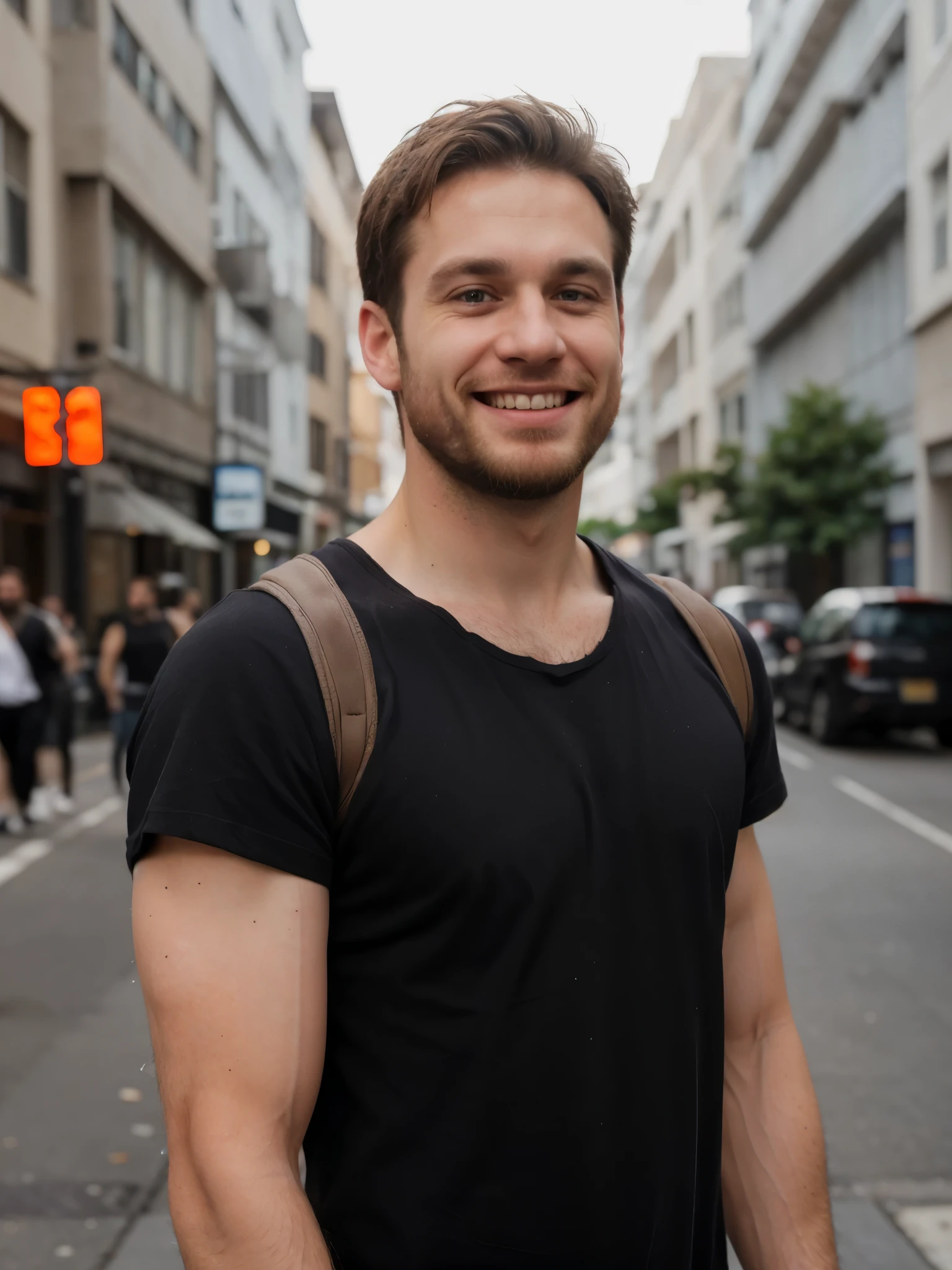 (RAW photo:1.2), a 28 years old white man 180cm 80kg, short brown straight hair wearing black t-shirt black trausers on the street ,short beard, best quality, 8k, uhd, photorealistic, textured skin , pores 1.2, smile 0.8