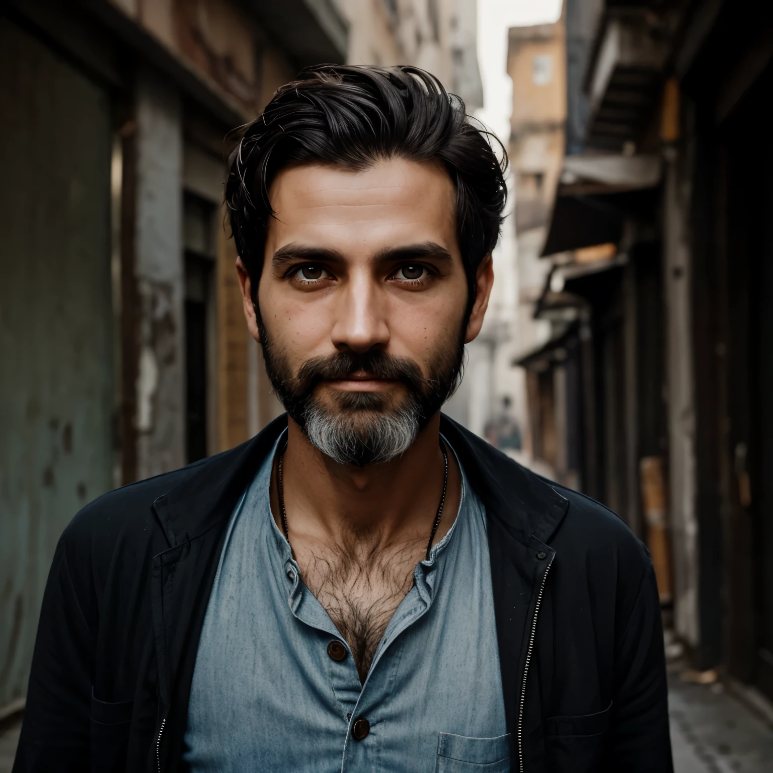 thin man, short dark hair, sunken eyes, thin beard, black eyes, ultrarealism and worn clothes, cheerful, intermediate shot