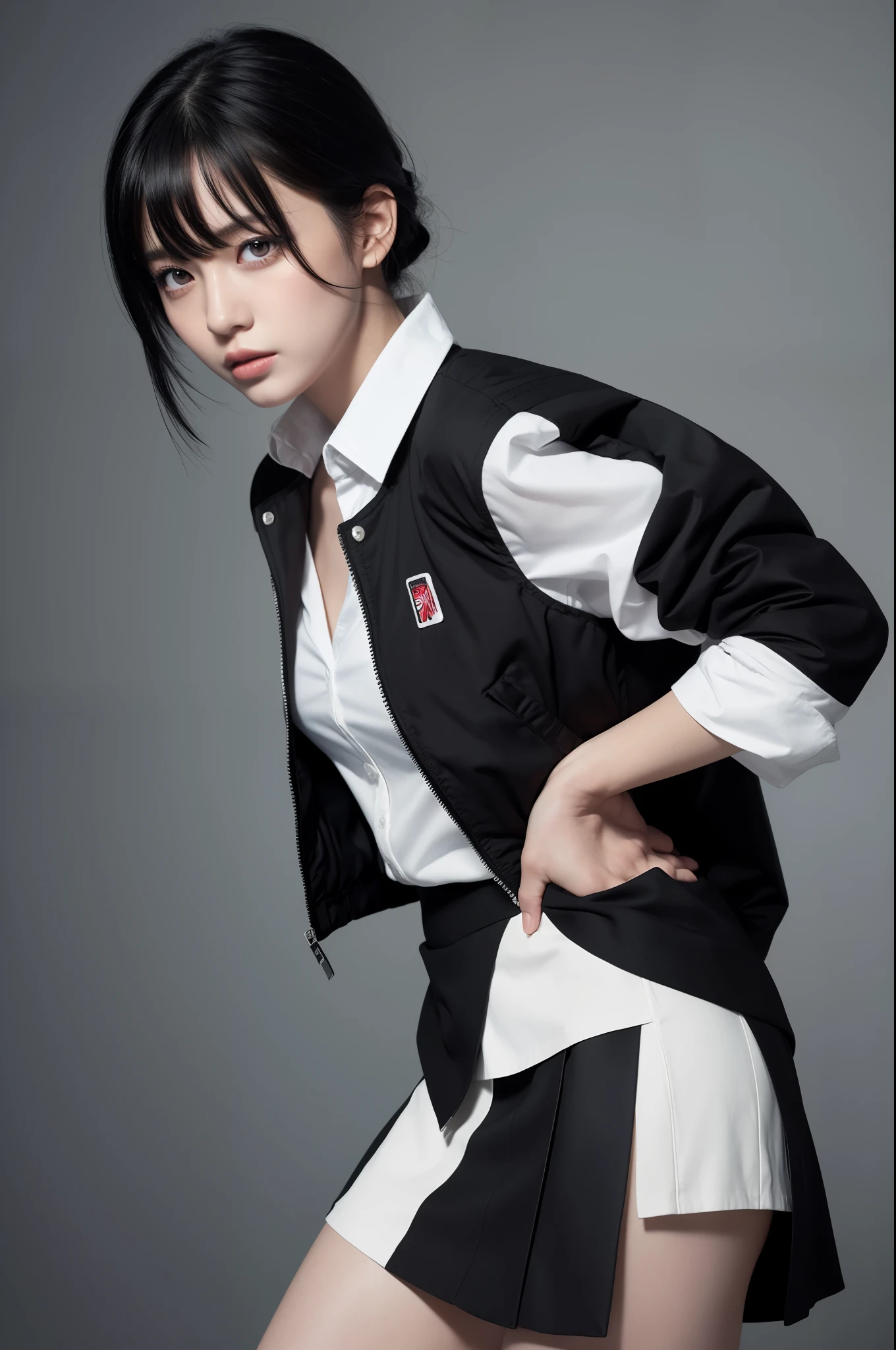 Masterpiece, Best Quality, Photographic Reality, Realistic, Octane Rendering, Out skirt of Japan, Waist height photo, (Black Boomber Jacket), (White Shirt), (Black hair), (Hip Wrapped Skirt), (Black Eyes) Upper Body Display