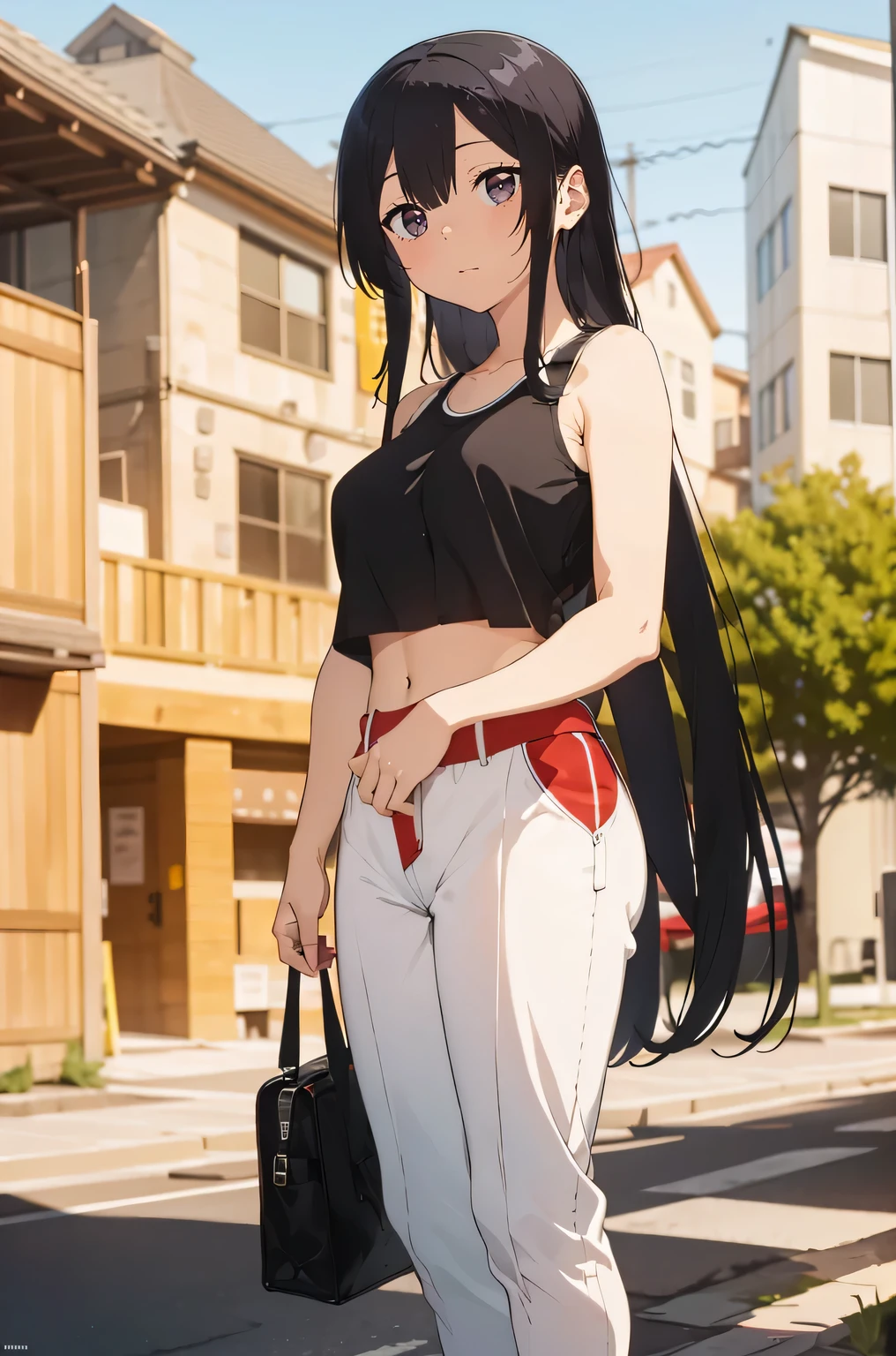 black hair,((black eyes)),((masterpiece:1.2)), best quality, pretty face, large_breasts, black tank top, red jogging shorts, cowboy shot, looking_at_viewer, light smile, closed_mouth, city street background, anime screencap,midriff
