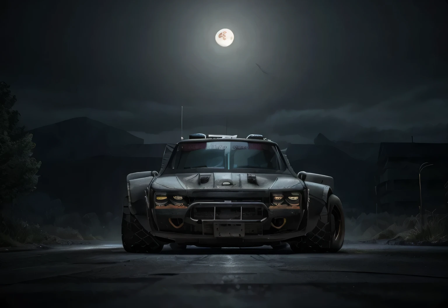 gopro shot of a (cyberpunk armored van) zeekars, 3/4 front view, wide angle action shot, post-apocalyptic, outdoors, night, road, destruction, urban decay, moonlight, full moon in background, masterpiece, photorealistic, 8k, high detail, dark theme,
