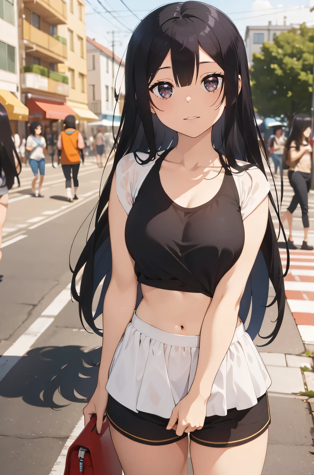 black hair,((black eyes)),((masterpiece:1.2)), best quality, pretty face, large_breasts, black tank top, red jogging shorts, cowboy shot, looking_at_viewer, light smile, closed_mouth, city street background, anime screencap,midriff
