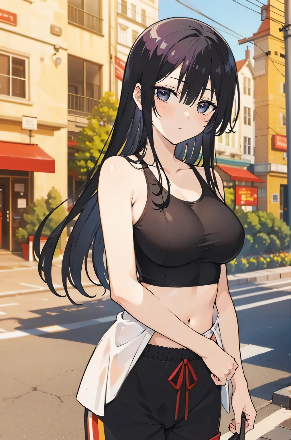 black hair,((black eyes)),((masterpiece:1.2)), best quality, pretty face, large_breasts, black tank top, red jogging shorts, cowboy shot, looking_at_viewer, light smile, closed_mouth, city street background, anime screencap,midriff
