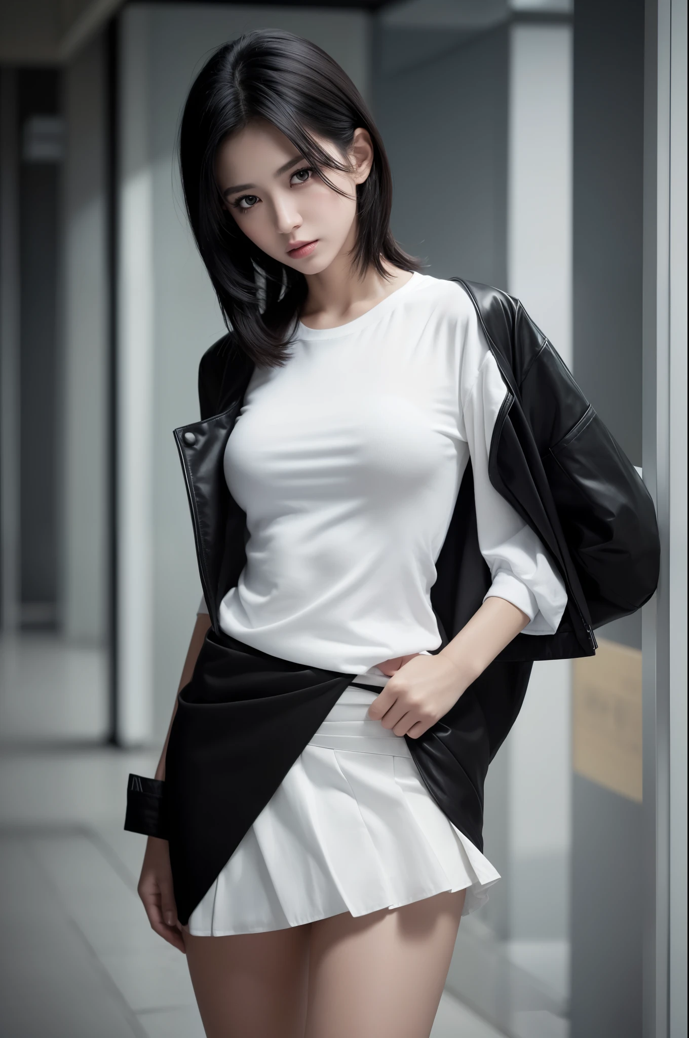 Masterpiece, Best Quality, Photographic Reality, Realistic, Octane Rendering, Out skirt of Japan, Waist height photo, (Black Boomber Jacket), (White Shirt), (Black hair), (Hip Wrapped Skirt), (Black Eyes) Upper Body Display