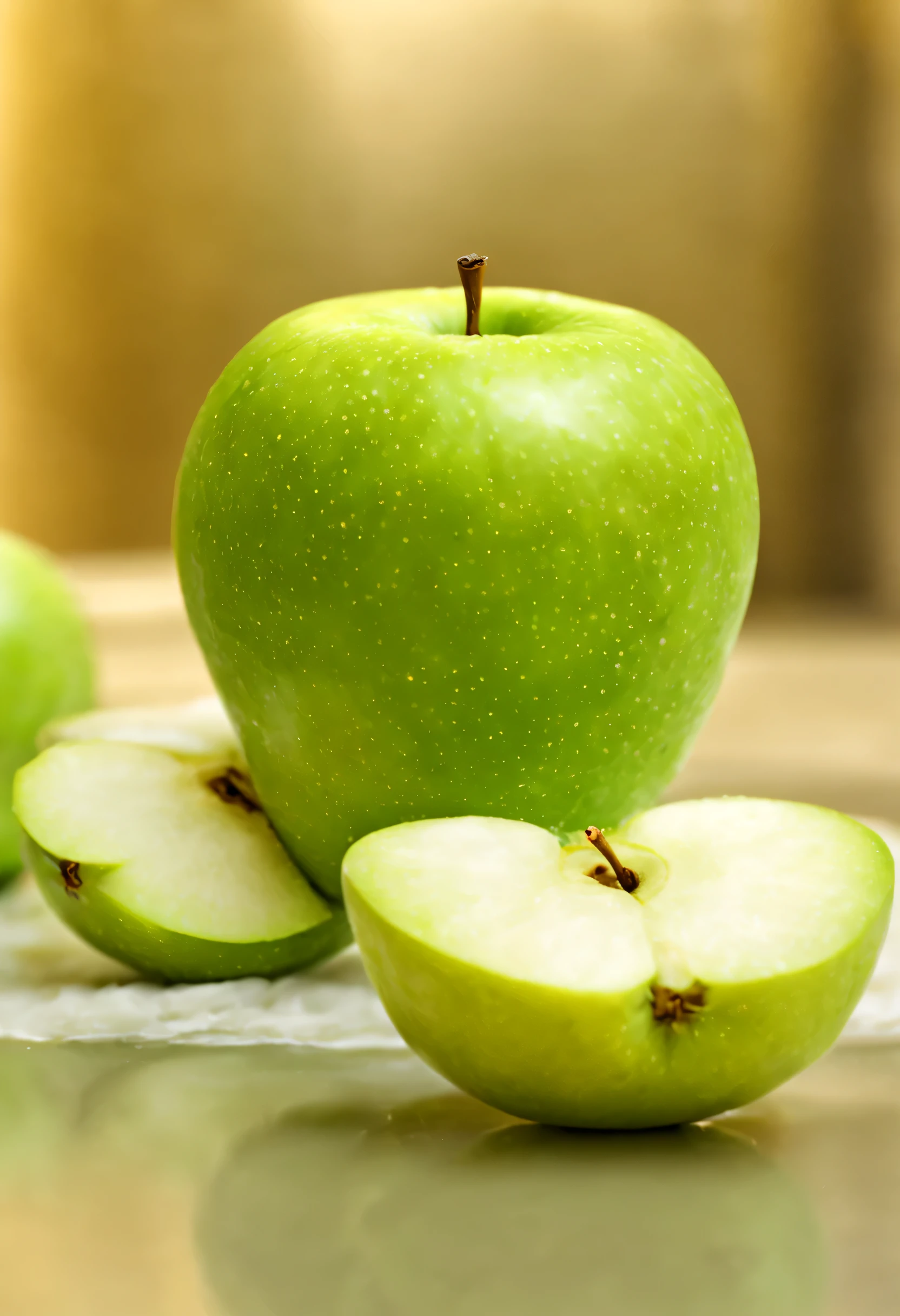 realistic photo of a whole green apple next to a green apple slice. Imagem altamente definida, intense green apple. cores vibrantes, cores intensas. detalhes finos, global illumination. fundo desfocado de uma cozinha. 8K Ultra HD.