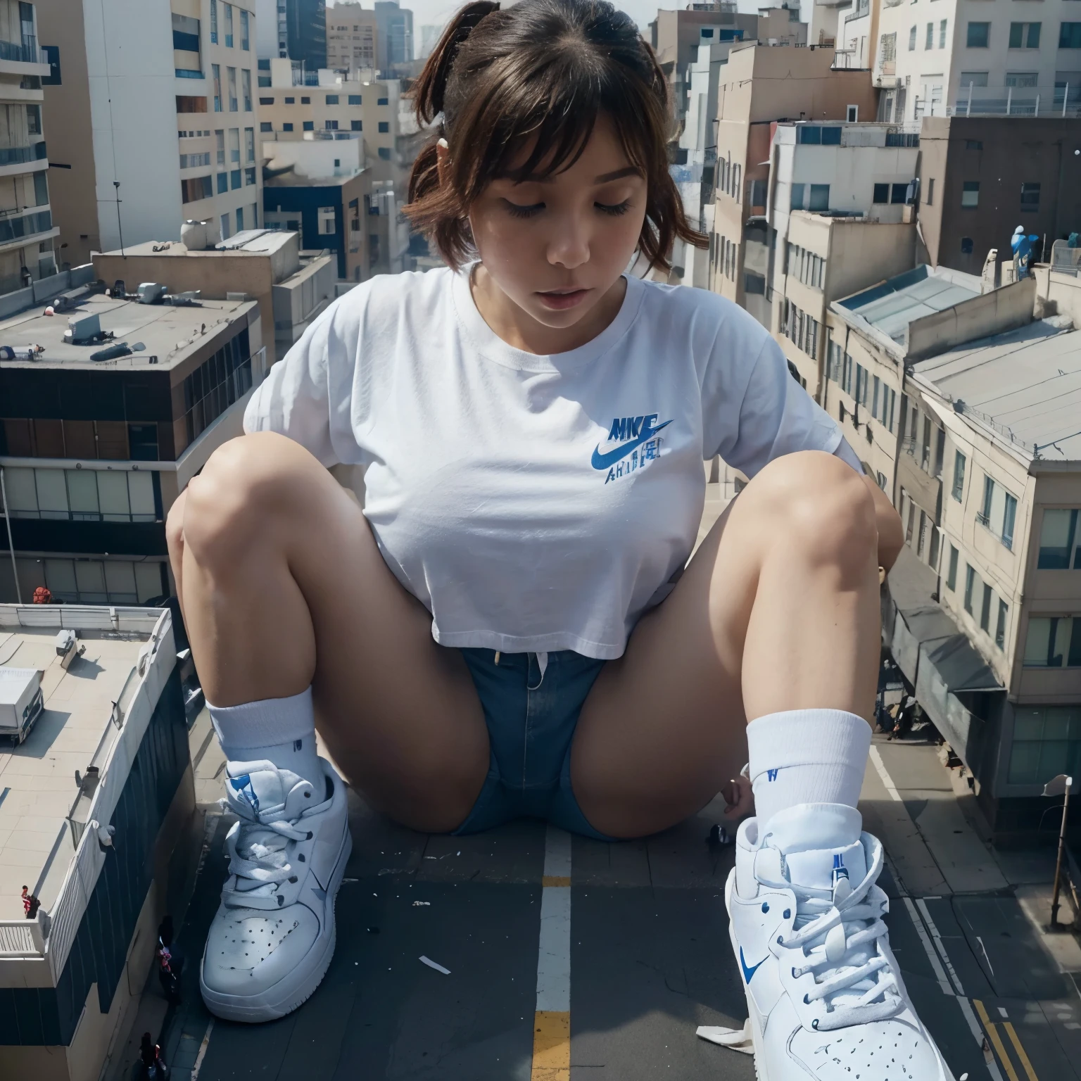 Giant Uraraka the size of a building, wearing blue shorts with a white t-shirt and completely white Nike AF1 Hightops, she is destroying the city while She ties her shoelaces on top of a building and many people run away from her 