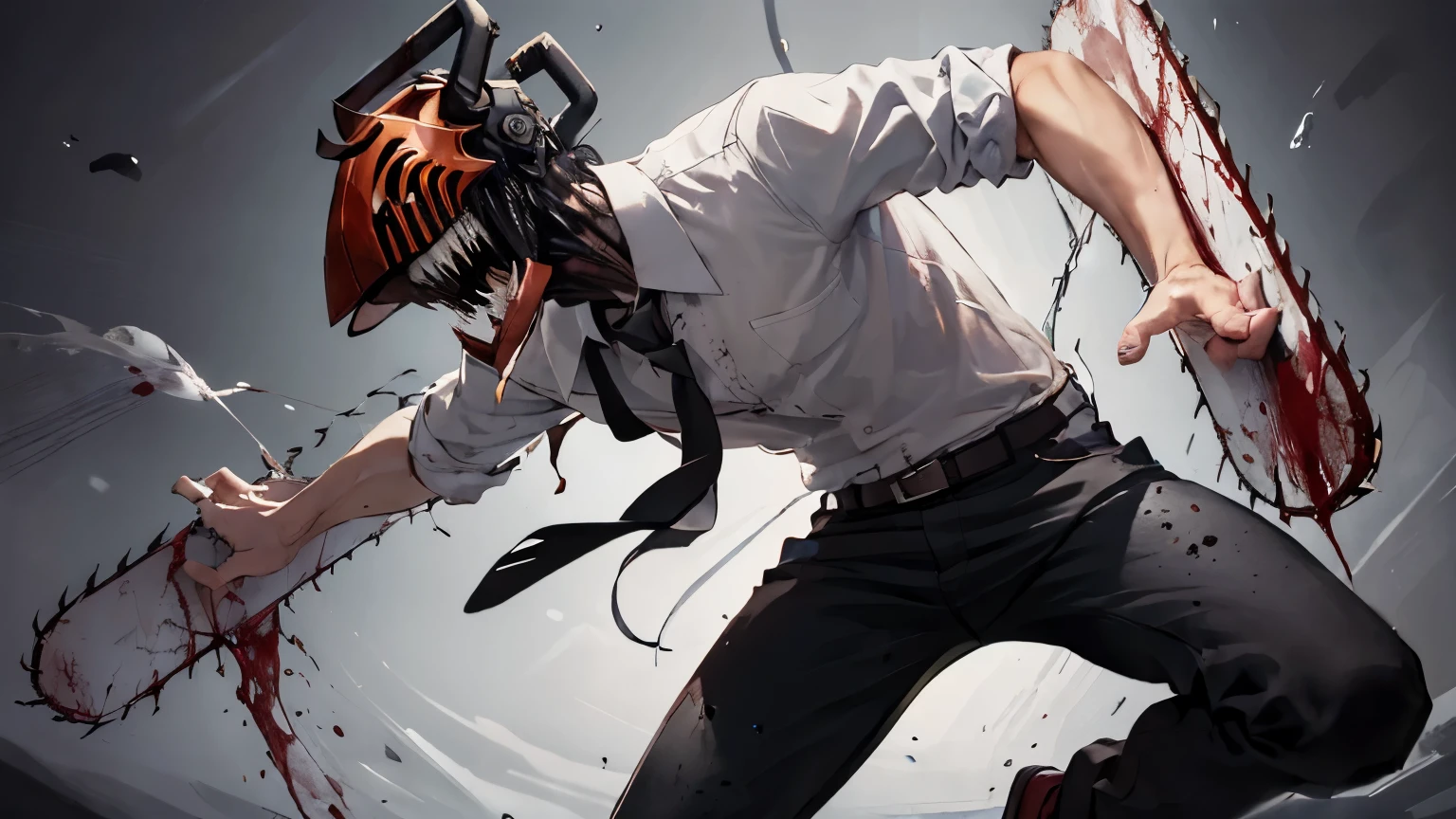 (masterpiece, best quality:1.2), solo, male focus, 1boy, chainsaw man, chainsaw, sharp teeth, open mouth, tongue, white collared shirt, (blood_on_clothes:1.2), black necktie, black pants