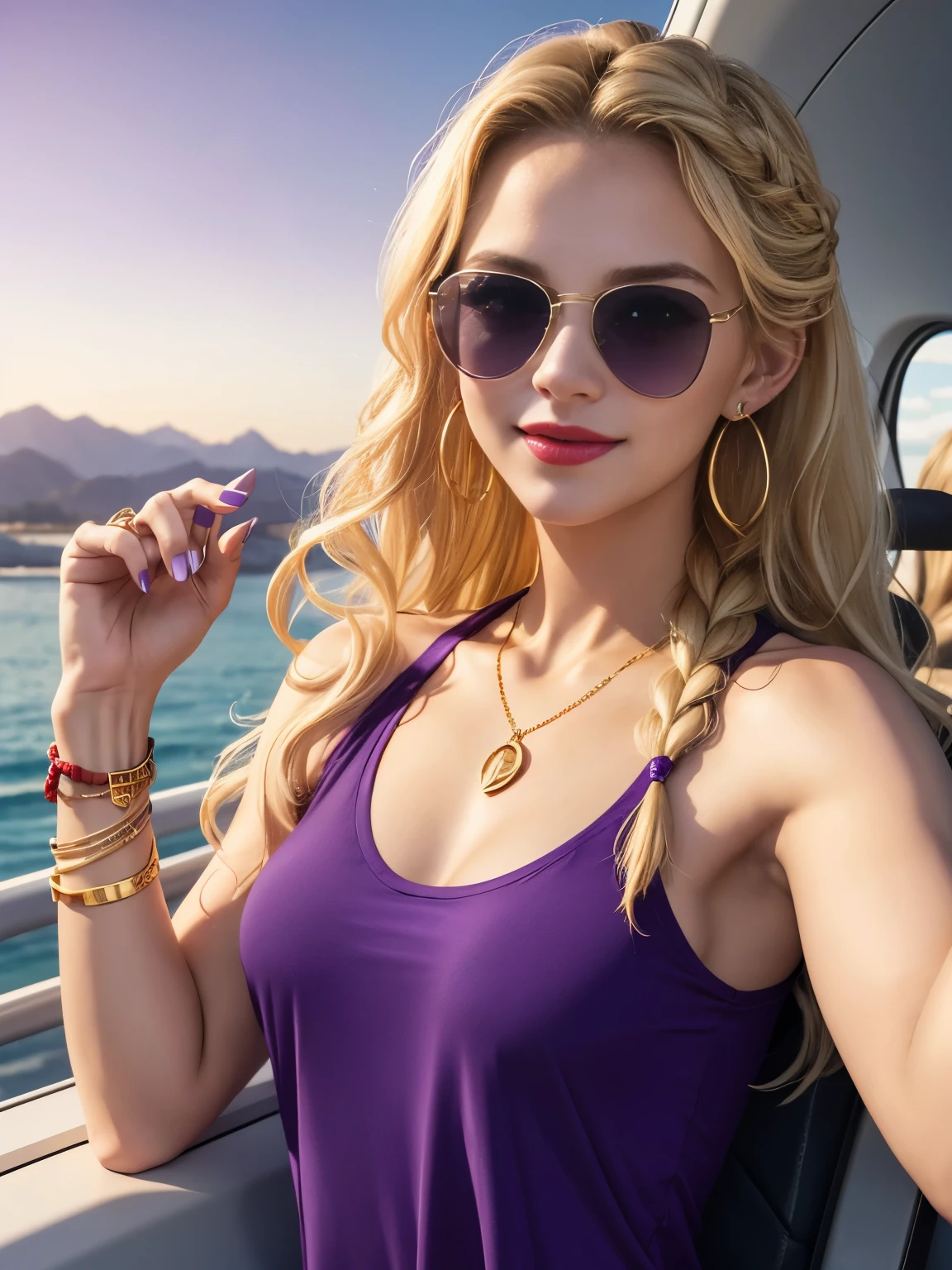 Caucasian woman, sunglasses, blonde hair, wavy hair, long hair, slight smile, braided hair, smile, red lips, gold earrings, athletic body, small breasts, (((purple top))), nipples, wrist watch, bracelets, white nails, driving, By plane, side shot.