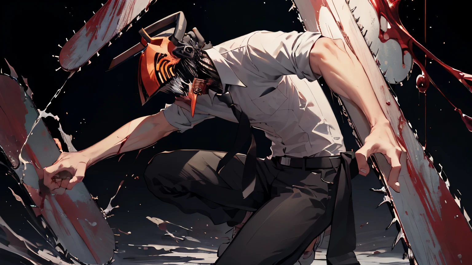 (masterpiece, best quality:1.2), solo, male focus, 1boy, chainsaw man, chainsaw, sharp teeth, open mouth, tongue, white collared shirt, (blood_on_clothes:1.2), black necktie, black pants