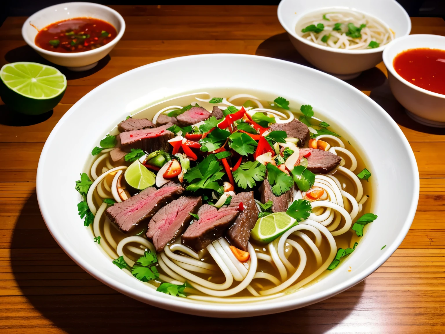 A nice bowl of delicious pho,slices of rare beef,wedge of fresh lime,slices of red chilli,coriander,a side dish of chilli sauce,extreme detail .
