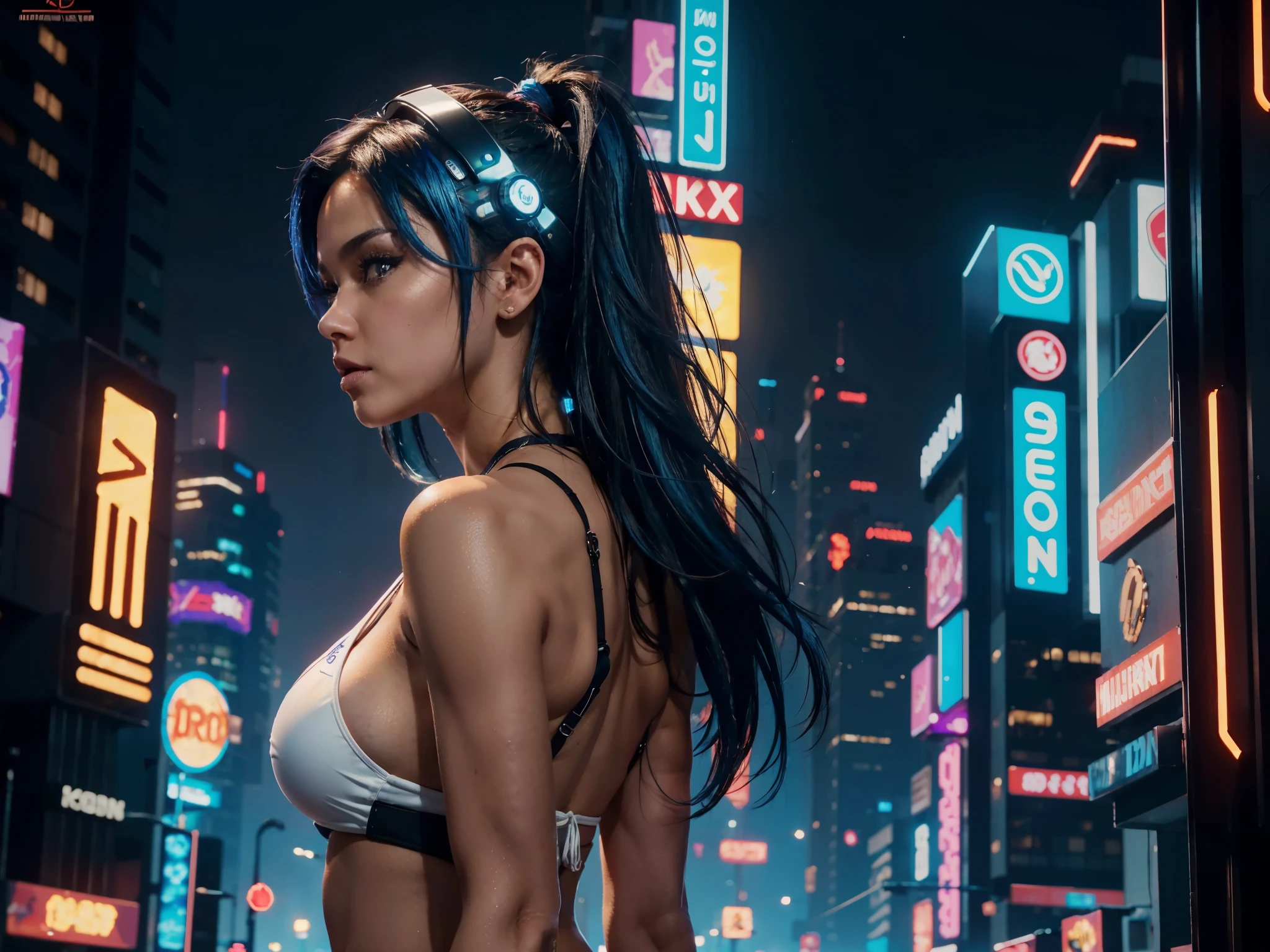 just 1 woman, sexy hot, full body, incredibly beautiful, vibrant brown eyes, (side view), blue hair, she is in a normal bikini, looked back, highly detailed, cyberpunk night city background, wonderful, milky white, highly detailed skin, realistic skin details, 8K Ultra HD, high quality