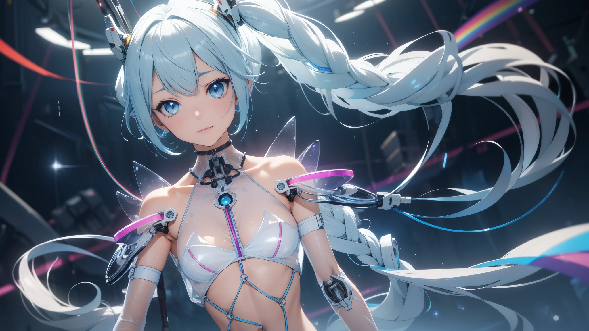 (quality)), ((masterpiece)), Recommended results、Puffy nipples、(see through:1.5)、straighten your back、abdominal muscles、huge bust、angle to floor:1.2、low camera angle、Hair loss on crotch，Hatsune Miku，super detailed)), (highly detailed CGillustration), ((extremely delicate and beautiful)),(1Mechanical Girl)),alone,White whole body,(Machine made joints:1.2),((white mechanical limbs)),(Rainbow blood vessel dots connected to tubes),(Rainbow mechanical vertebrae attached to back，With flowing rainbow dots.),((Flowing rainbow fixed around neck)),poker face,(Rainbow wires and cables attached to the neck:1.2),(Rainbow wires and cables on the head:1.2)(Character focus),,Very detailed,colorful,most detailed，pink necktie