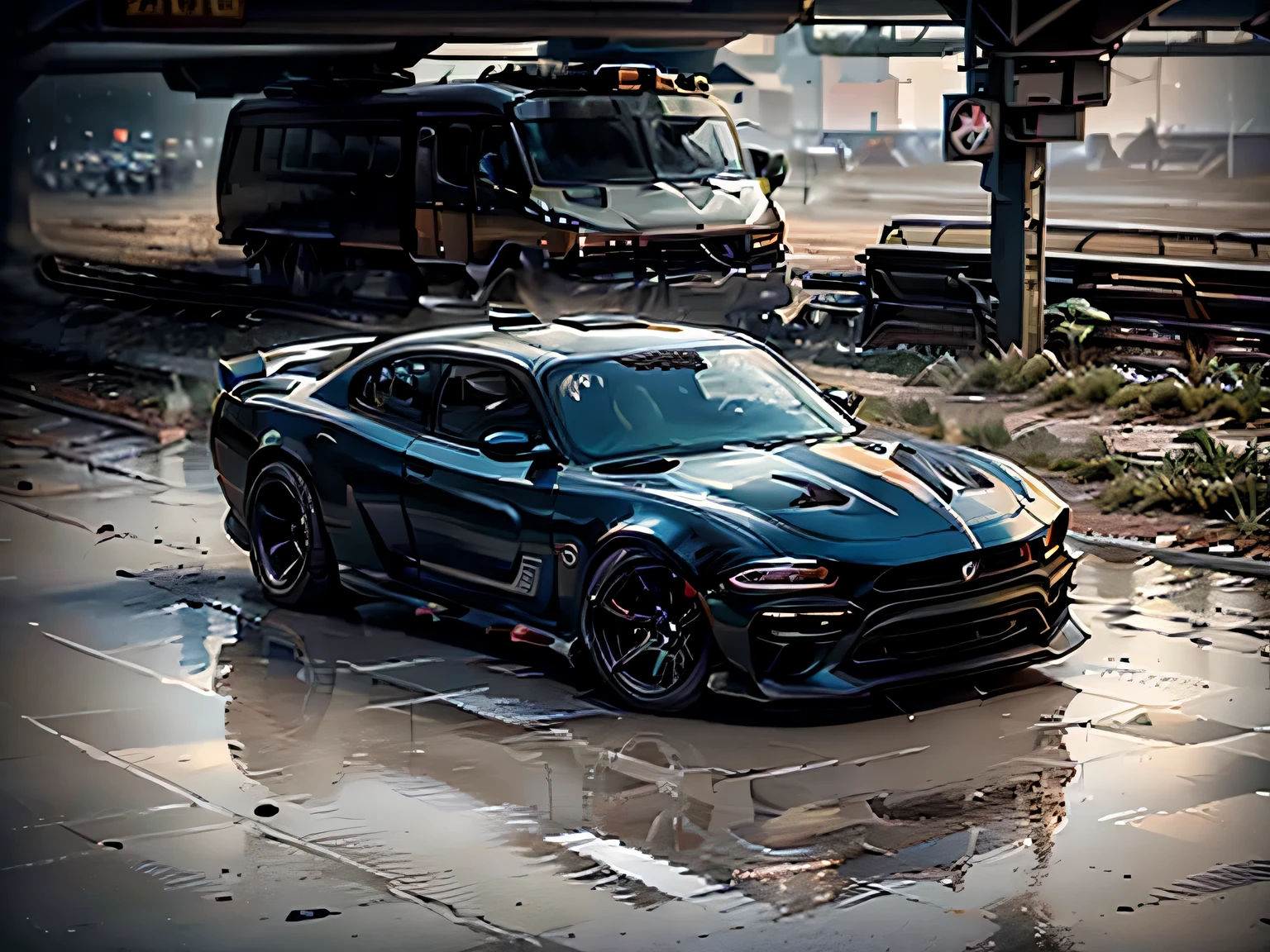 2019 Dodge Charger, red car, two hidden machine guns in front bumper, racing in New York subway rail tracks, gritty lighting, action photo, solo, cowboy shot