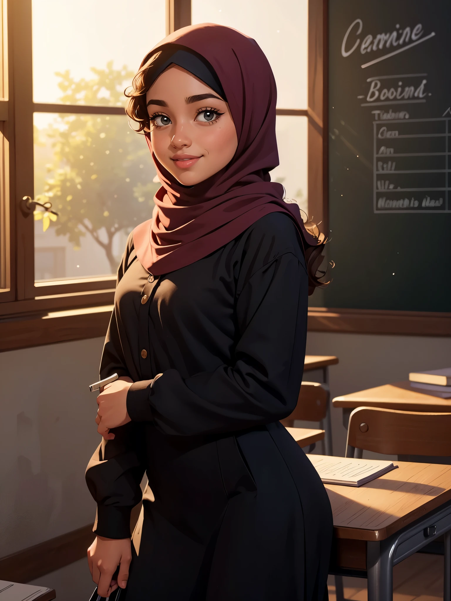 best quality,4k,8k,highres,masterpiece:1.2,ultra-detailed,realistic,hdr,vivid colors,studio lighting,bokeh,portrait,teen,arab,hijabi girl,dark color,high-school uniform,tight,fitted, revealingoutfit,cute face,detailed eyes,detailed lips,curly hair,standing,smiling,bookshelf,blackboard,classroom,peaceful setting,soft lighting,happy expression,notebooks,desk,window,reflection,shadows,highlighted curls,confident posture