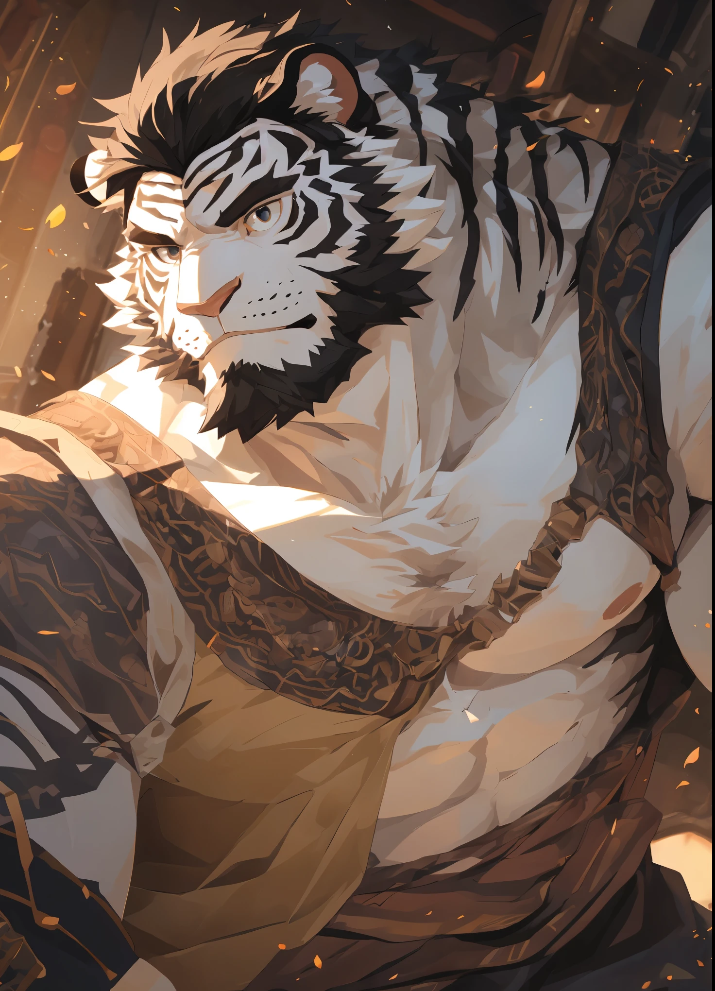 human nature((dramatic))epic, dynamic poses, dynamic angle, a scene in, Extreme perspective and powerful composition, ridiculous, (super detailed), sharp focus, Genji, Eye, black Eye, hairy, white fur, Black and white fur, Blackbeard, black hair,human nature (White Tiger), male, middle aged, white body, white belly, muscular, super detailed face, (delicate Eye), 1 boy, in the house,face camera,blush,(Shyness 1.3),Lying in bed,(disheveled 1.4),(1.2)motion blur, (best quality), (masterpiece), high detail, high quality, Award-winning, high resolution, HD, 16k, Yes, (close up:1.5)