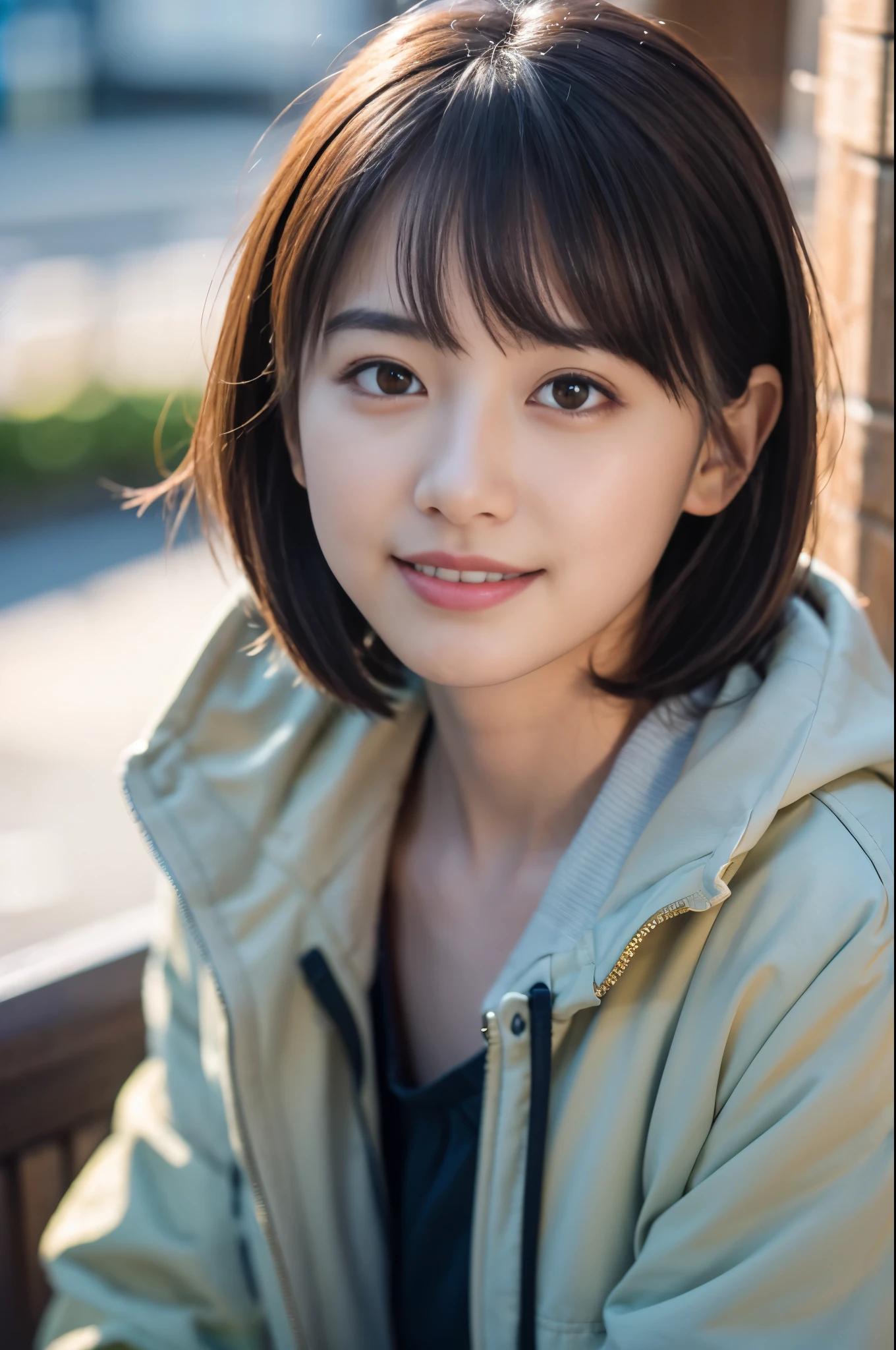 (8K, RAW photo, highest quality, masterpiece:1.3), (realistic, photo-realistic:1.4), (Highly detailed 8K wallpaper), sharp focus, Depth of written boundary,
japanese idol,very cute,(baby face), (coat:1.3),(bob cut : 1.3), Look at us and smile, Upper body, highly detailed face and eyes,((shiny skin:1.2)), cinematic lighting, soft light, blur background,( An early morning cityscape with skyscrapers bathed in the golden light of sunrise, empty streets gently waking up to a new day, and the sky transitioning from soft pinks to clear blu)