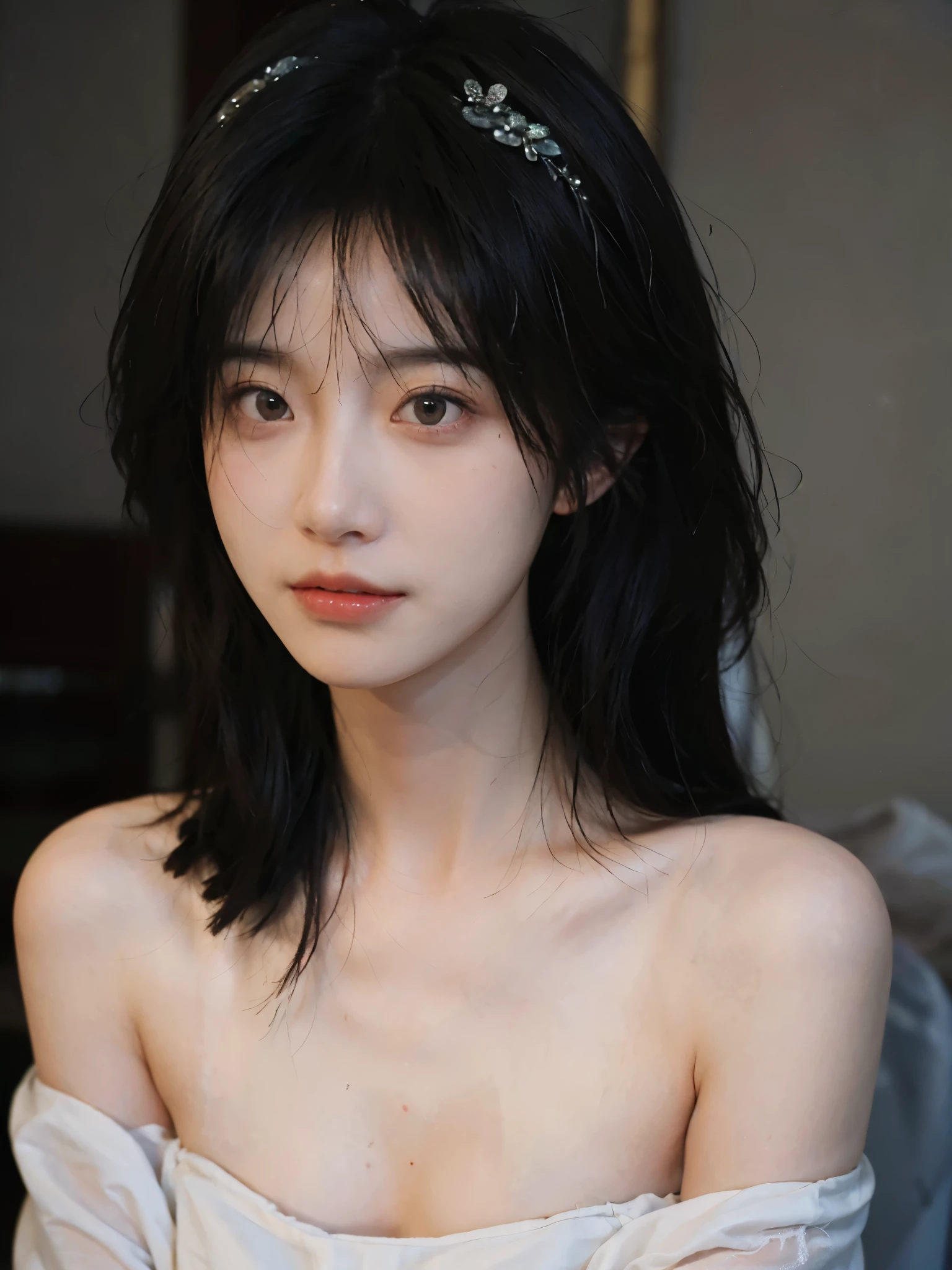 Film portrait photography, 1 girl, bare shoulders, Shoulder length wavy hair, white wedding dress， (Realistic and detailed eyes, natural skin texture, Realistic facial details), Soft dramatic lighting, depth of field, Bokeh, Vibrant details, Detailed and detailed, surreal, 35mm film, hazy, ,