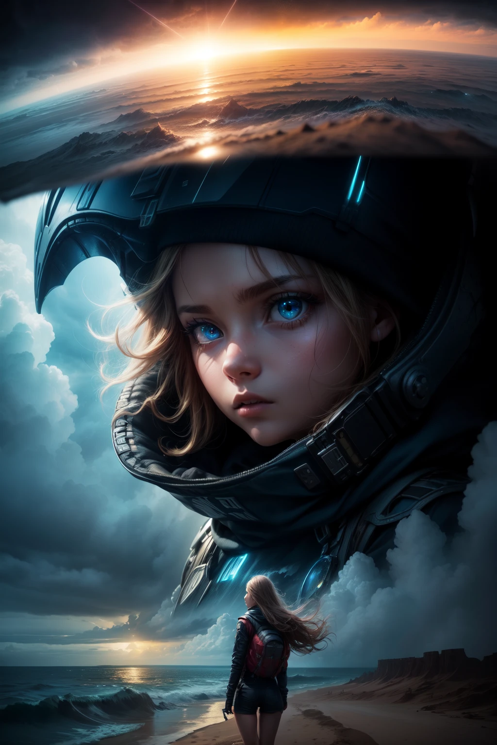 "((closeup Adventurous))(( girl)), exploring alien landscapes, dramatic cloudscape, vast horizon, cinematic framing, rule of thirds, dynamic composition, stormy weather, powerful presence of the eye in the sky"