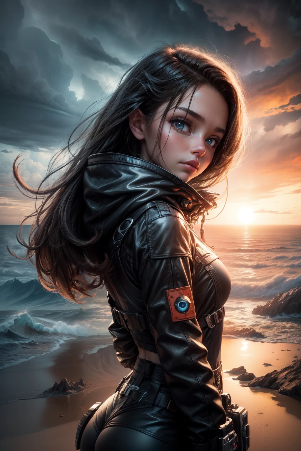 "((closeup Adventurous))(( girl)), exploring alien landscapes, dramatic cloudscape, vast horizon, cinematic framing, rule of thirds, dynamic composition, stormy weather, powerful presence of the eye in the sky"
