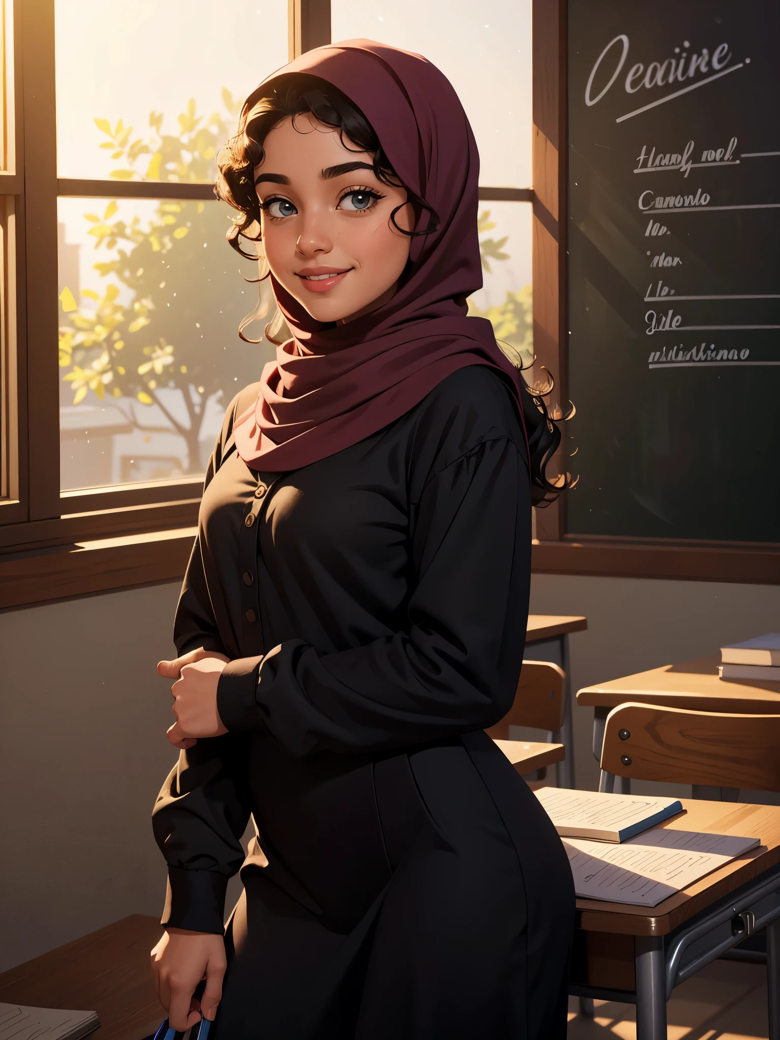 best quality,4k,8k,highres,masterpiece:1.2,ultra-detailed,realistic,hdr,vivid colors, sexy, reavealing outfit ,studio lighting,bokeh,portrait,teen,arab,hijabi girl,dark color,high-school uniform,tight,fitted, revealingoutfit,cute face,detailed eyes,detailed lips,curly hair,standing,smiling,bookshelf,blackboard,classroom,peaceful setting,soft lighting,happy expression,notebooks,desk,window,reflection,shadows,highlighted curls,confident posture
