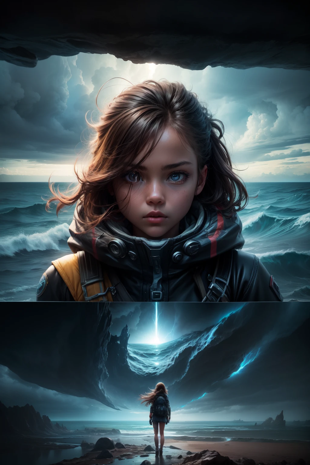 "((closeup Adventurous))(( girl)), exploring alien landscapes, dramatic cloudscape, vast horizon, cinematic framing, rule of thirds, dynamic composition, stormy weather, powerful presence of the eye in the sky"