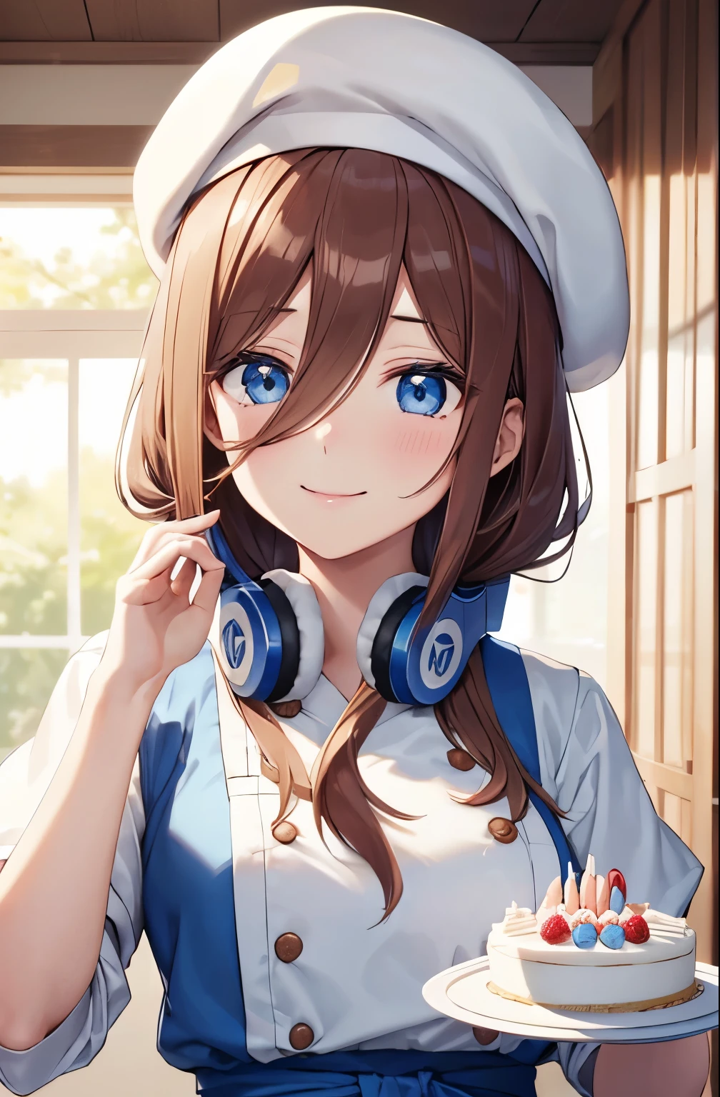 Miku Nakano, Miku Nakano, medium long hair, bangs, blue eyes, hair between eyes, brown hair, (white pastry chef uniform:1.3), (White beret:1.3), (Cake making:1.3), whipped cream, (Blue headphones:1.1), Wear the headphones around your neck, highest quality, High resolution, unity 8k wallpaper, (beautiful and detailed eyes:1.4), highly detailed face, perfect lighting, (perfect hands, perfect anatomy), face up, best smile