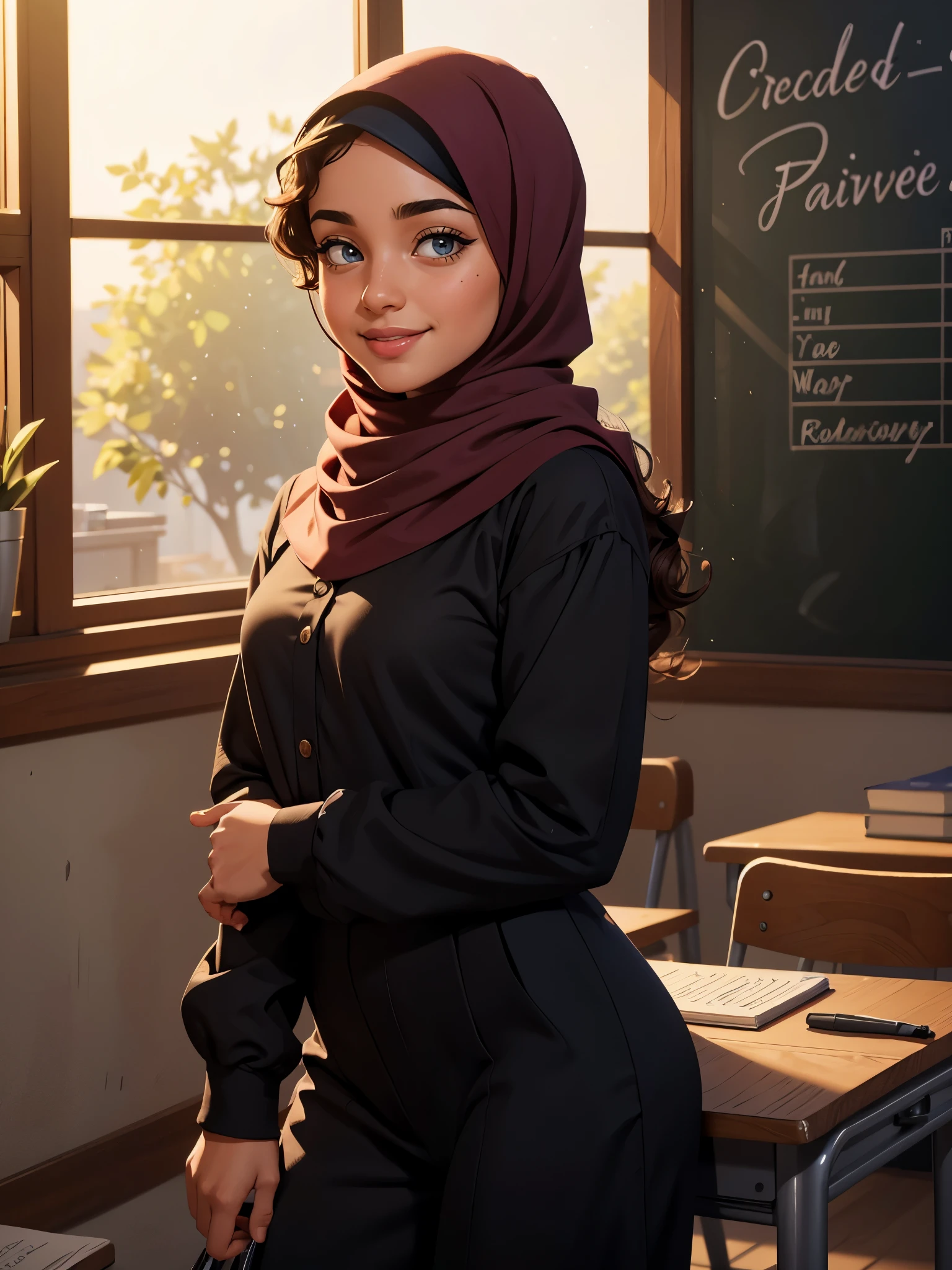 best quality,4k,8k,highres,masterpiece:1.2,ultra-detailed,realistic,hdr,vivid colors, sexy, reavealing outfit ,studio lighting,bokeh,portrait,teen,arab,hijabi girl,dark color,high-school uniform,tight,fitted, revealingoutfit,cute face,detailed eyes,detailed lips,curly hair,standing,smiling,bookshelf,blackboard,classroom,peaceful setting,soft lighting,happy expression,notebooks,desk,window,reflection,shadows,highlighted curls,confident posture